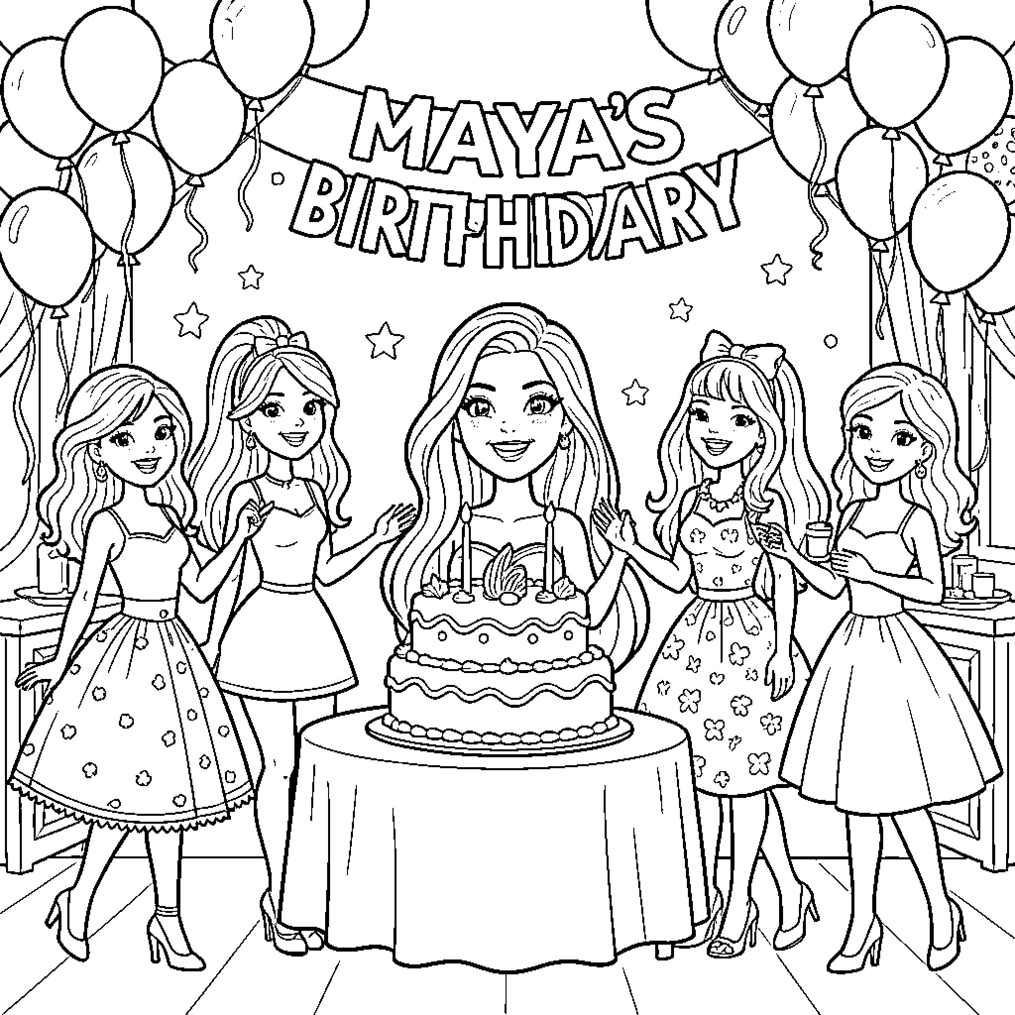 Barbie and friends celebrating a birthday with a cake Coloring Page (free black-and-white line drawing printable PDF for all, from beginners to advanced learners, including children, teens, adults, and seniors)