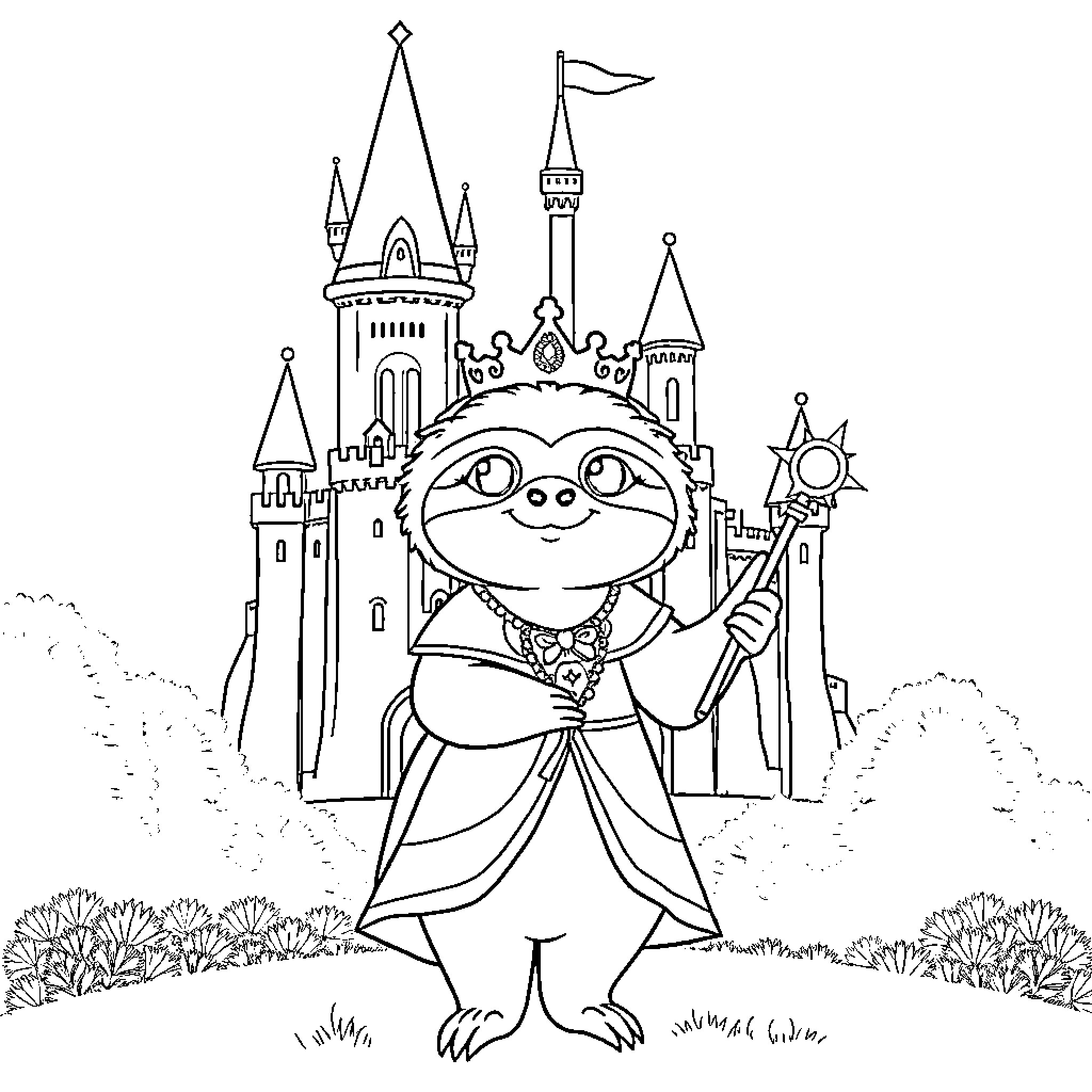 Sloth exploring a magical castle Coloring Page (free black-and-white line drawing printable PDF for all, from beginners to advanced learners, including children, teens, adults, and seniors)