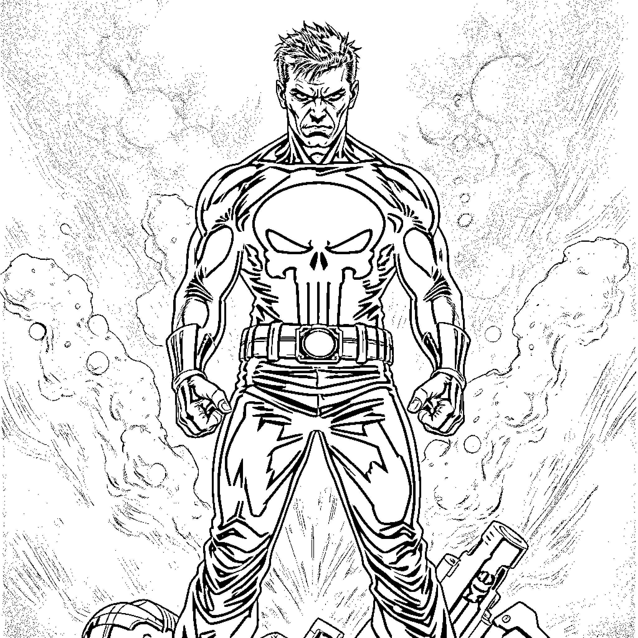 Punisher in action with fierce expression Coloring Page (free black-and-white line drawing printable PDF for all, from beginners to advanced learners, including children, teens, adults, and seniors)