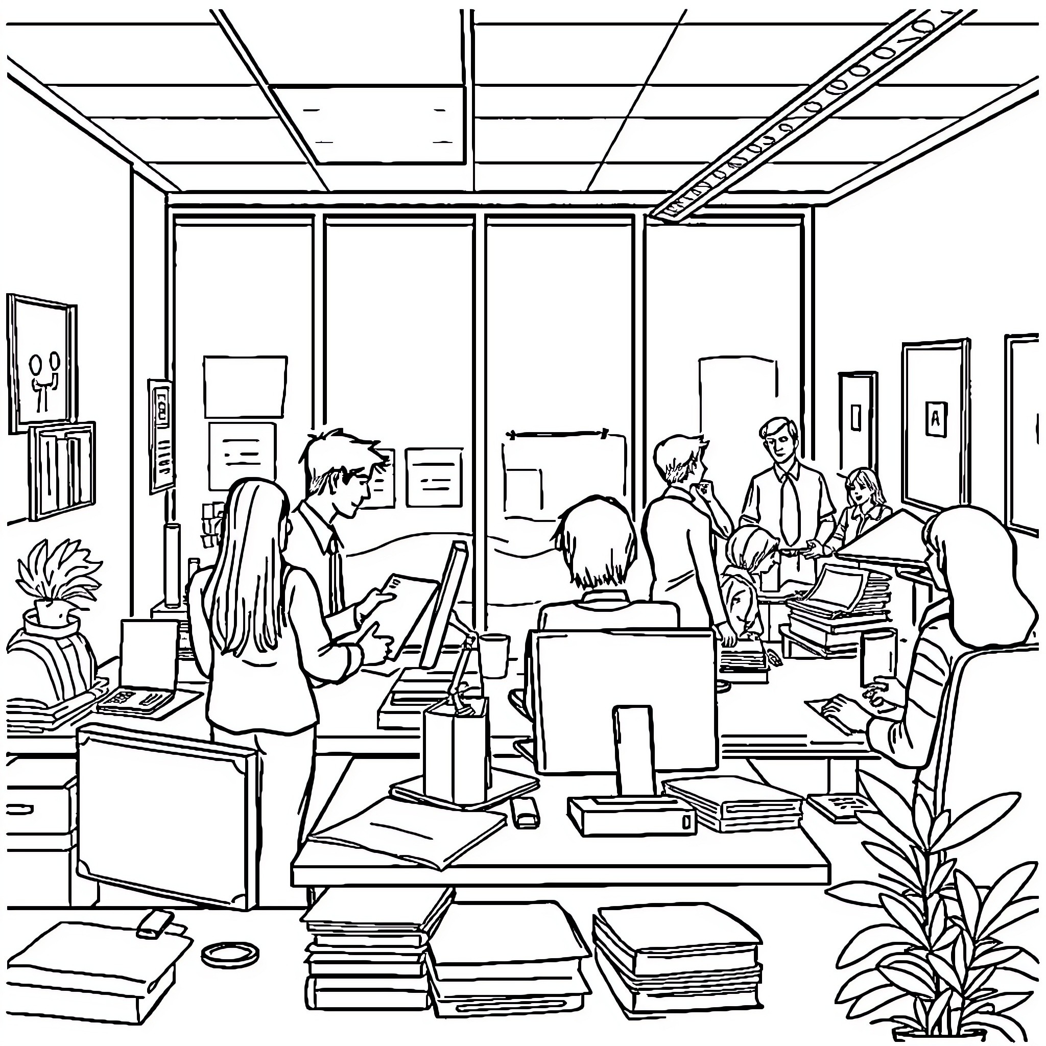 Human Resource: Busy office with focused employees Coloring Page (free black-and-white line drawing printable PDF for all, from beginners to advanced learners, including children, teens, adults, and seniors)