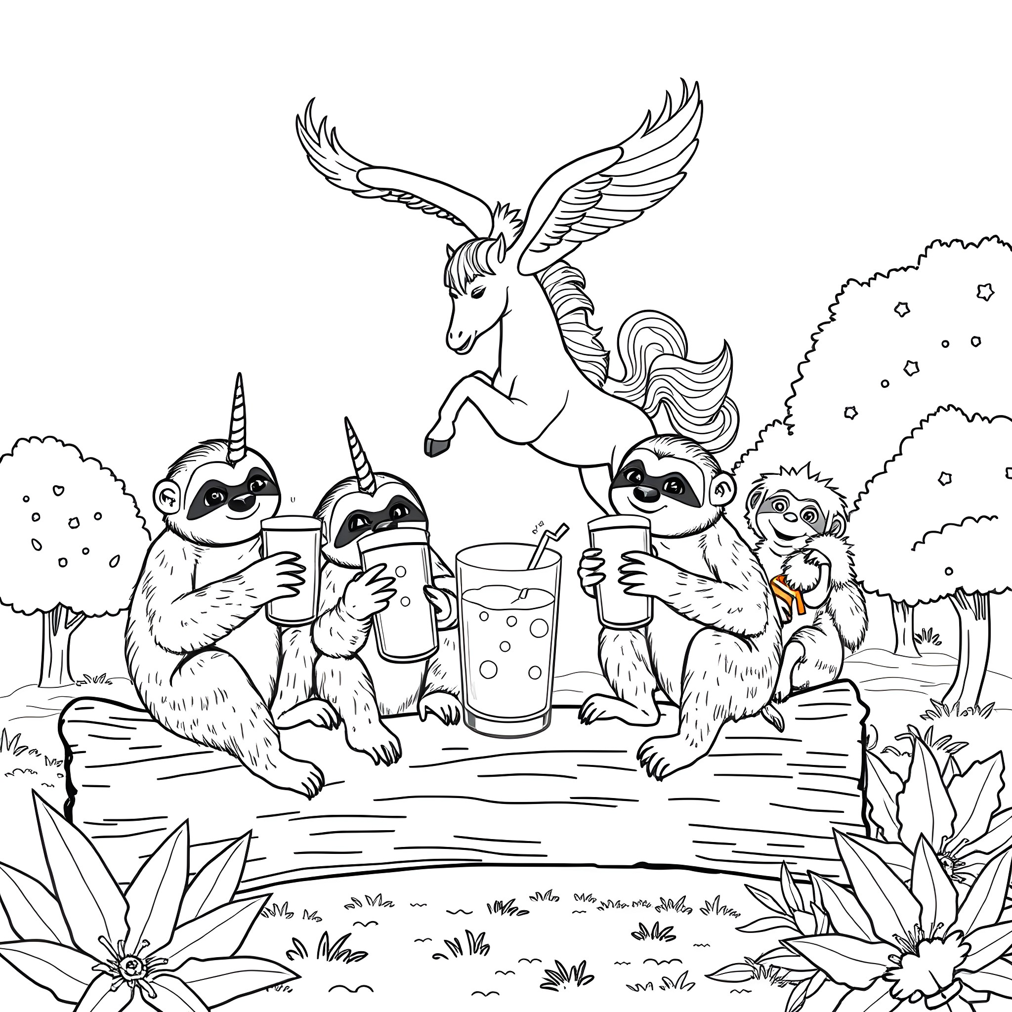 Sloth and friends enjoying refreshing drinks under a unicorn Coloring Page (free black-and-white line drawing printable PDF for all, from beginners to advanced learners, including children, teens, adults, and seniors)