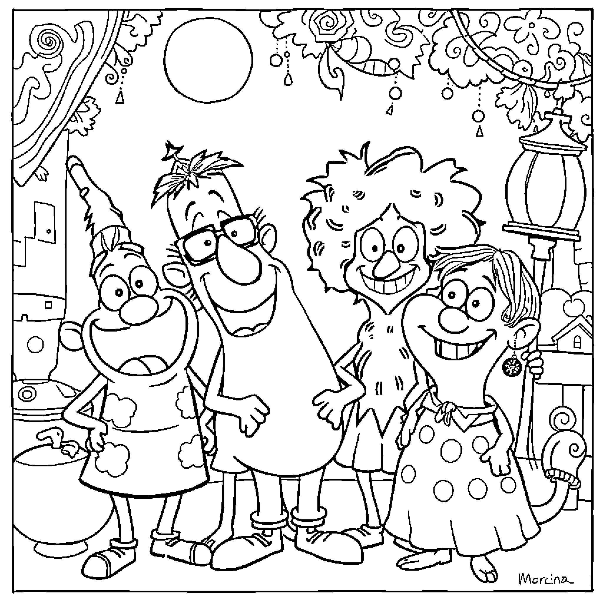 Character portrait of a group of amusing cartoon figures Coloring Page (free black-and-white line drawing printable PDF for all, from beginners to advanced learners, including children, teens, adults, and seniors)