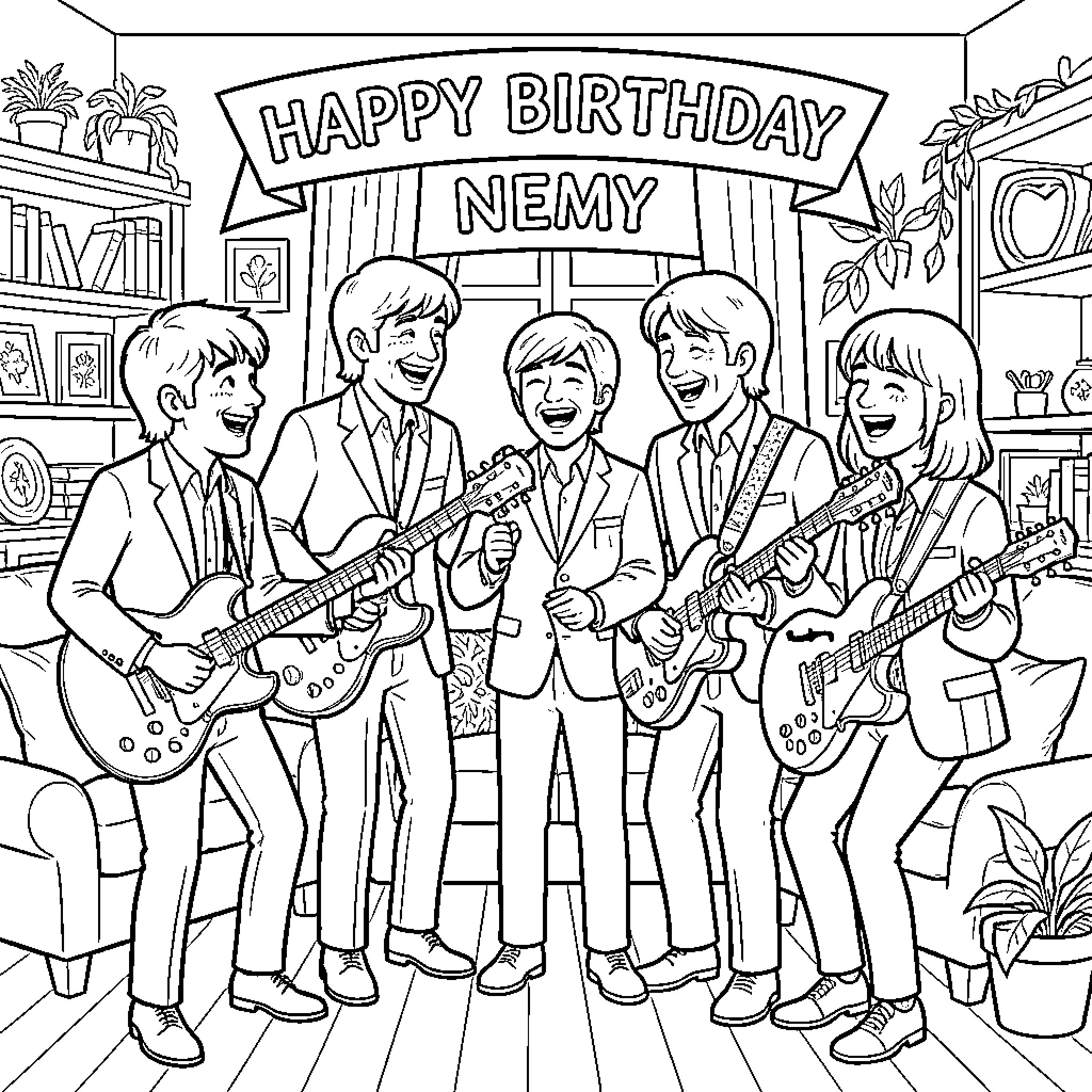 Beatles Celebrating Happy Birthday for Nemy Coloring Page (free black-and-white line drawing printable PDF for all, from beginners to advanced learners, including children, teens, adults, and seniors)