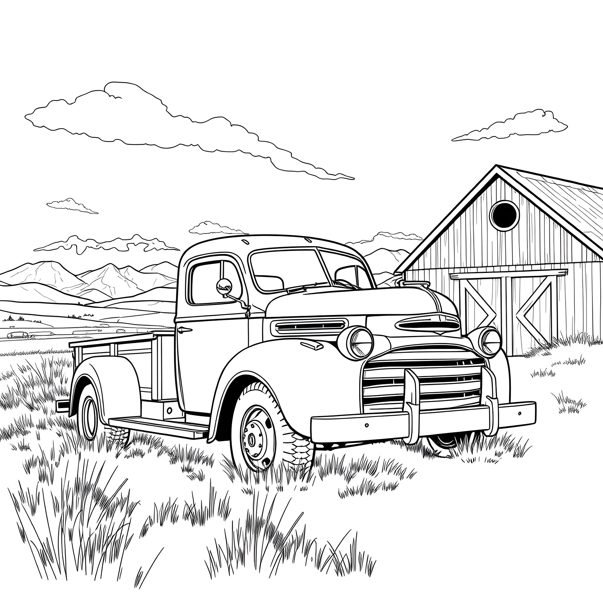 Truck parked near rustic barn in countryside Coloring Page (free black-and-white line drawing printable PDF for all, from beginners to advanced learners, including children, teens, adults, and seniors)