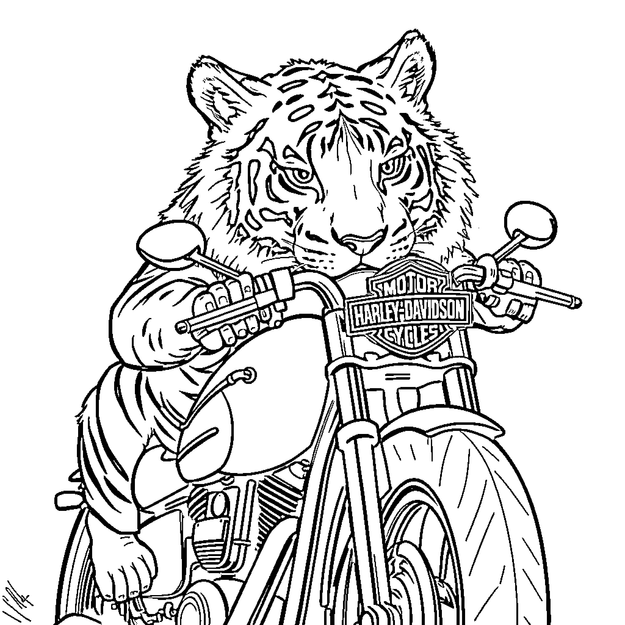 Tiger riding a motorcycle in style Coloring Page (free black-and-white line drawing printable PDF for all, from beginners to advanced learners, including children, teens, adults, and seniors)