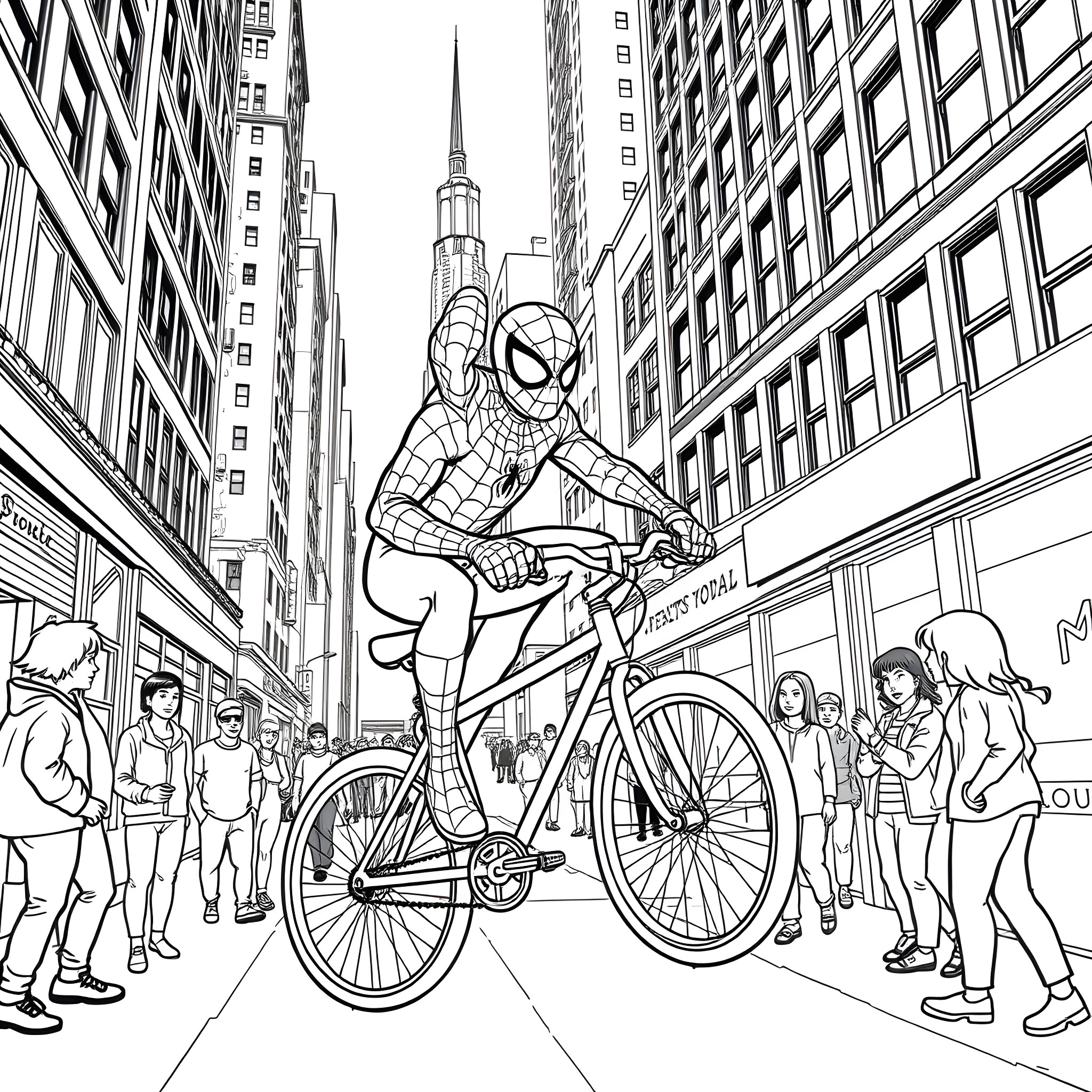 Spider-Man riding a bicycle in the city Coloring Page (free black-and-white line drawing printable PDF for all, from beginners to advanced learners, including children, teens, adults, and seniors)