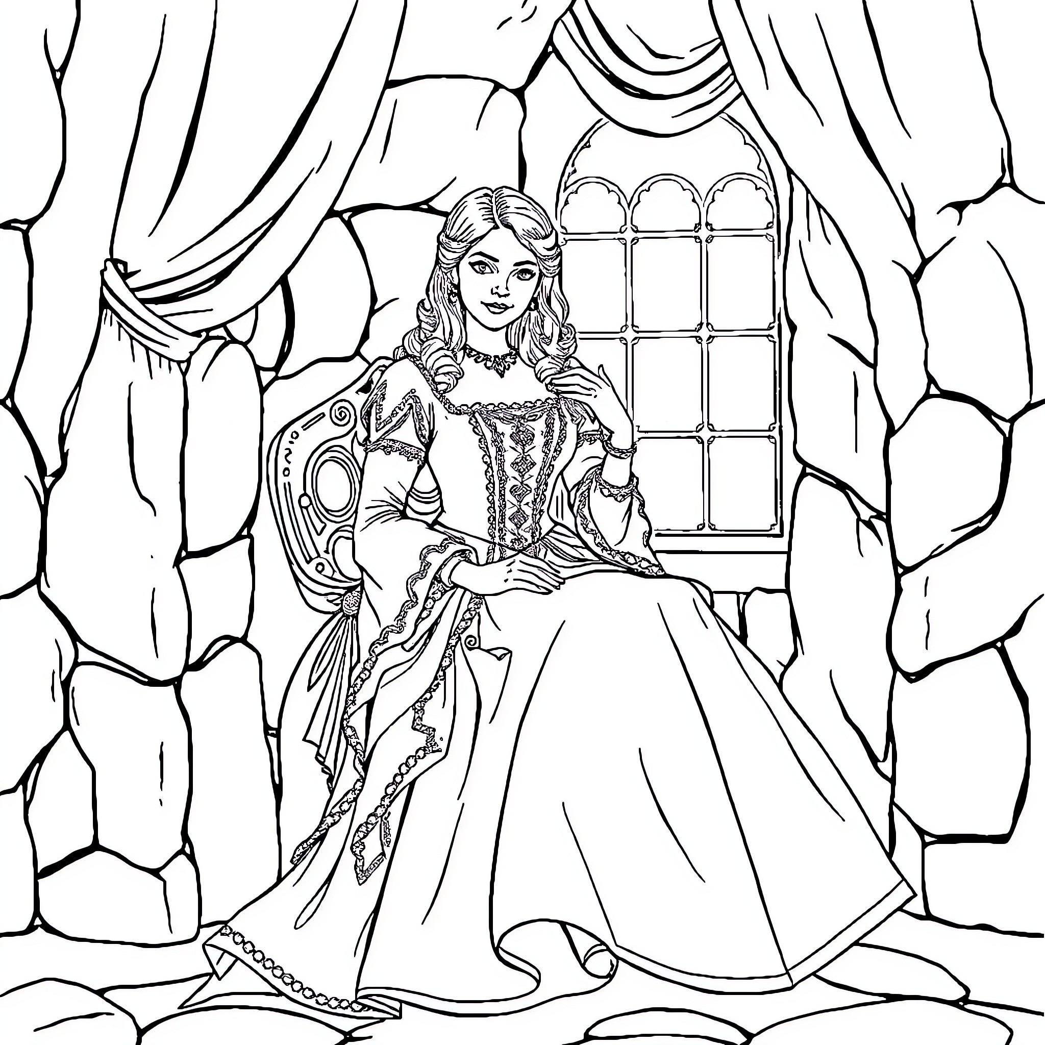 Woman in Regal Dress Sitting by Window Coloring Page (free black-and-white line drawing printable PDF for all, from beginners to advanced learners, including children, teens, adults, and seniors)
