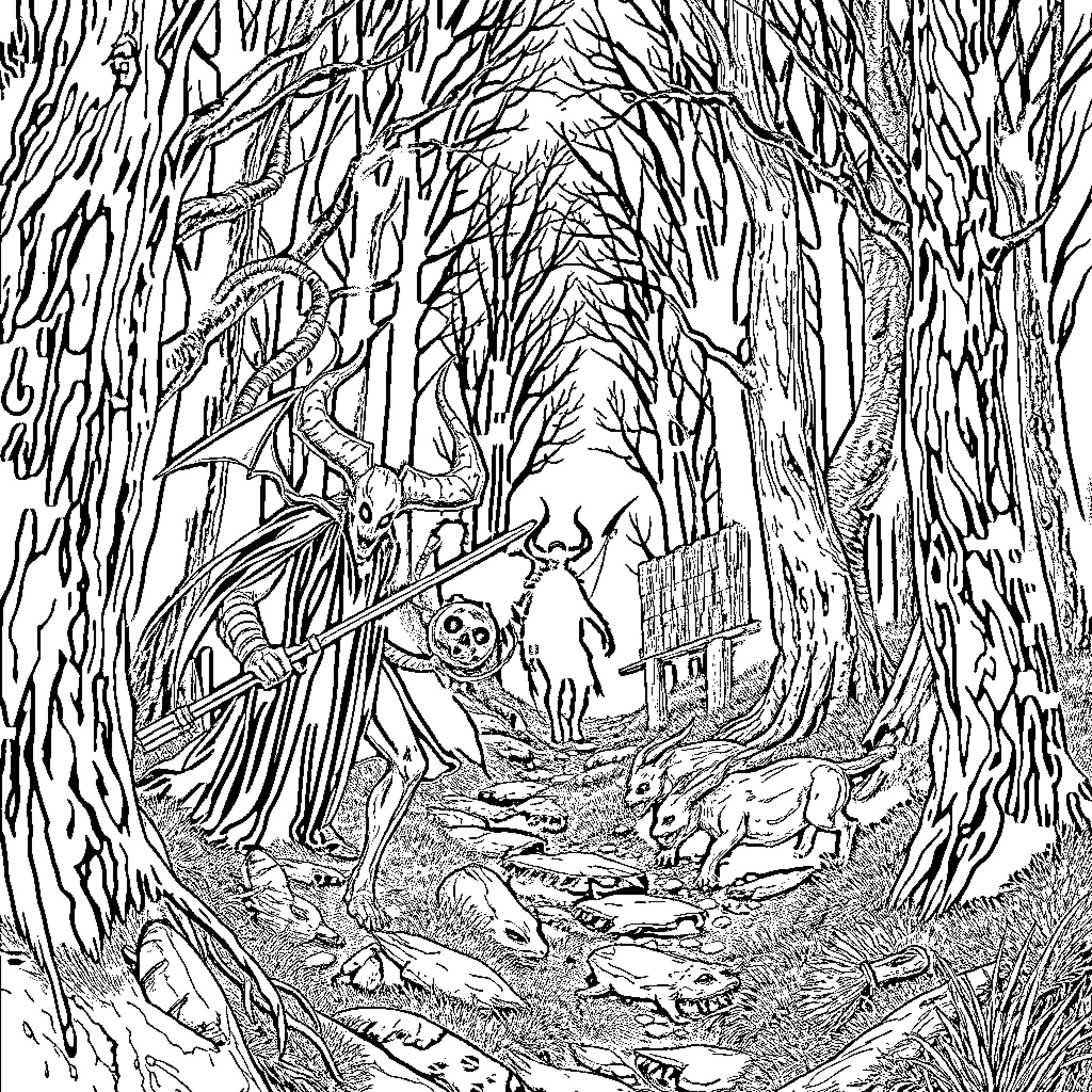 Demon Hunter navigates the treacherous forest Coloring Page (free black-and-white line drawing printable PDF for all, from beginners to advanced learners, including children, teens, adults, and seniors)