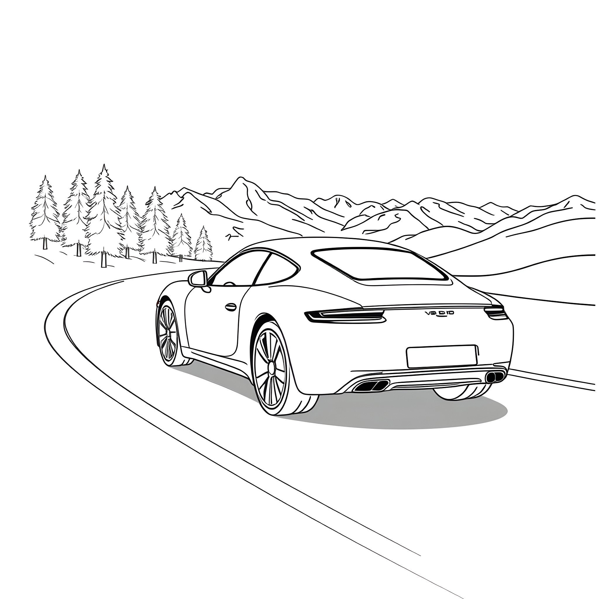 Car speeding along winding mountain road Coloring Page (free black-and-white line drawing printable PDF for all, from beginners to advanced learners, including children, teens, adults, and seniors)