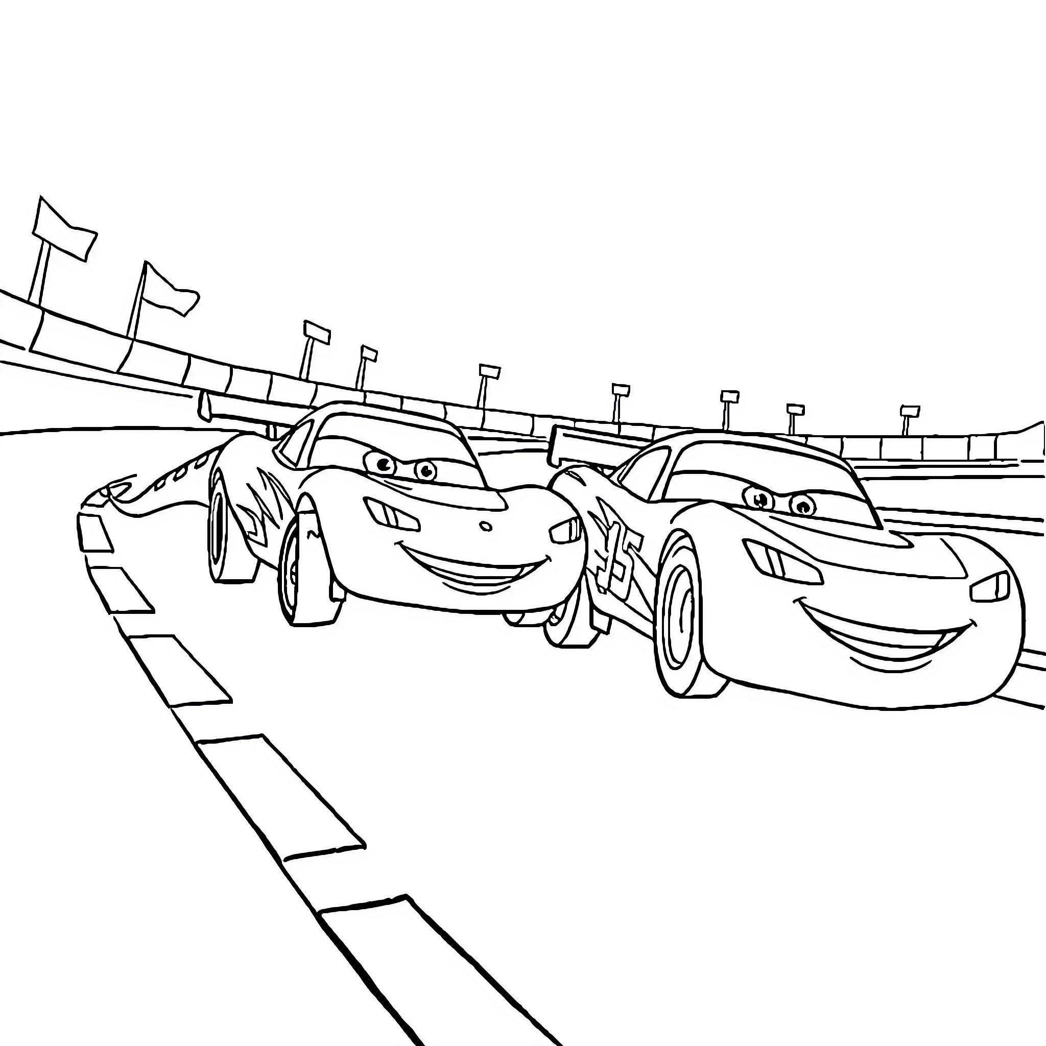 Axolotl racing on a track with friends Coloring Page (free black-and-white line drawing printable PDF for all, from beginners to advanced learners, including children, teens, adults, and seniors)