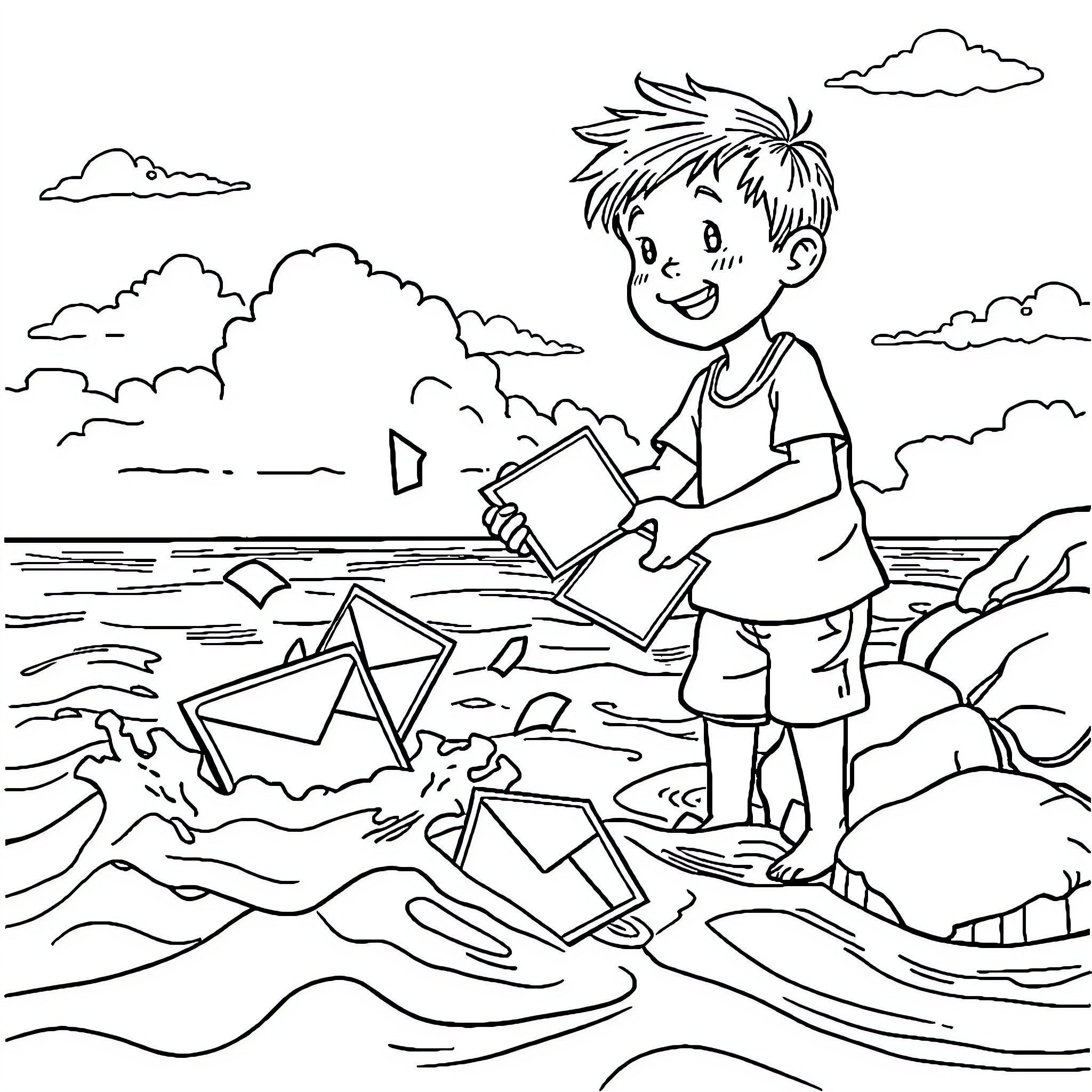 Island Boy Exploring the Seashore Coloring Page (free black-and-white line drawing printable PDF for all, from beginners to advanced learners, including children, teens, adults, and seniors)