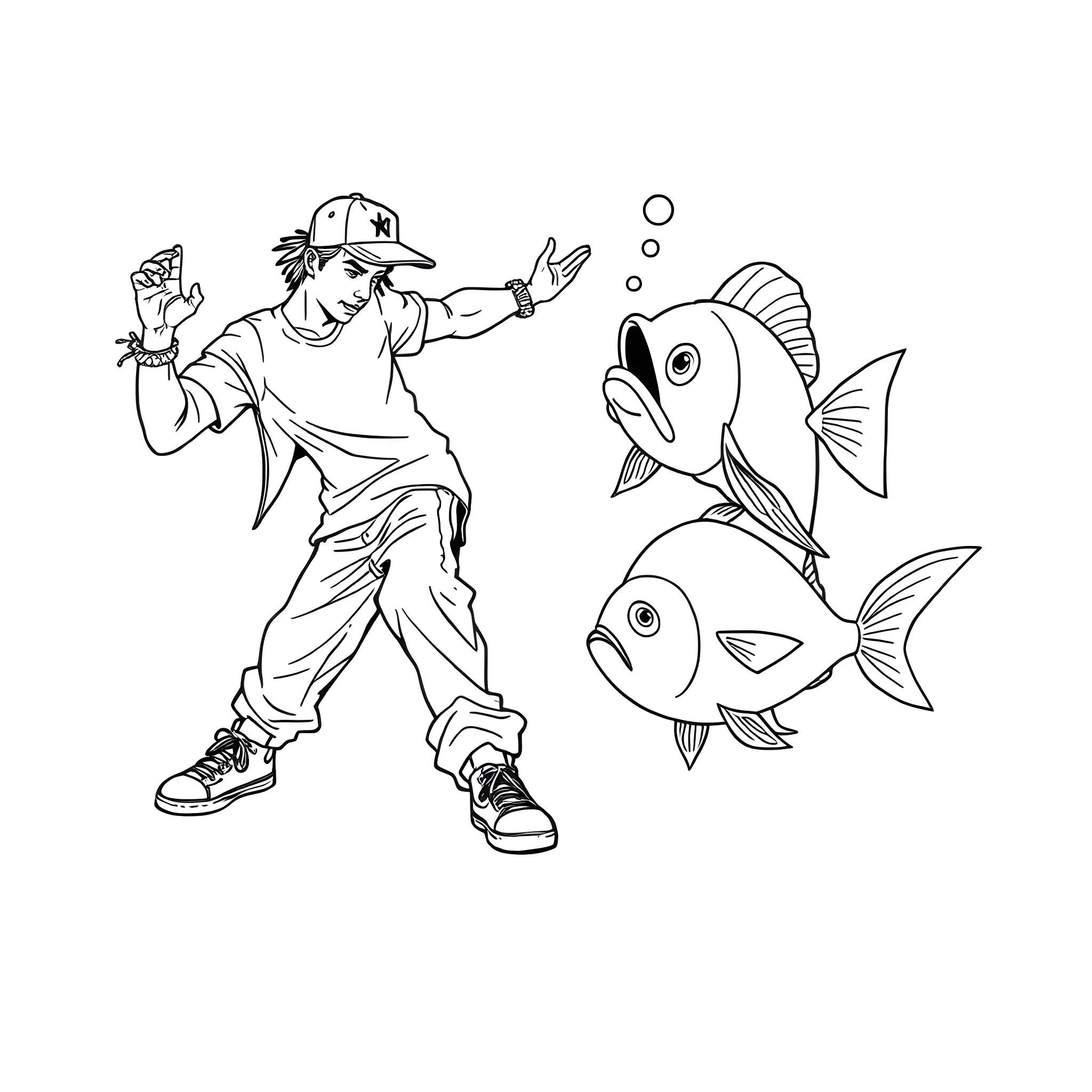 Bboy performing acrobatic moves with cartoon fish Coloring Page (free black-and-white line drawing printable PDF for all, from beginners to advanced learners, including children, teens, adults, and seniors)