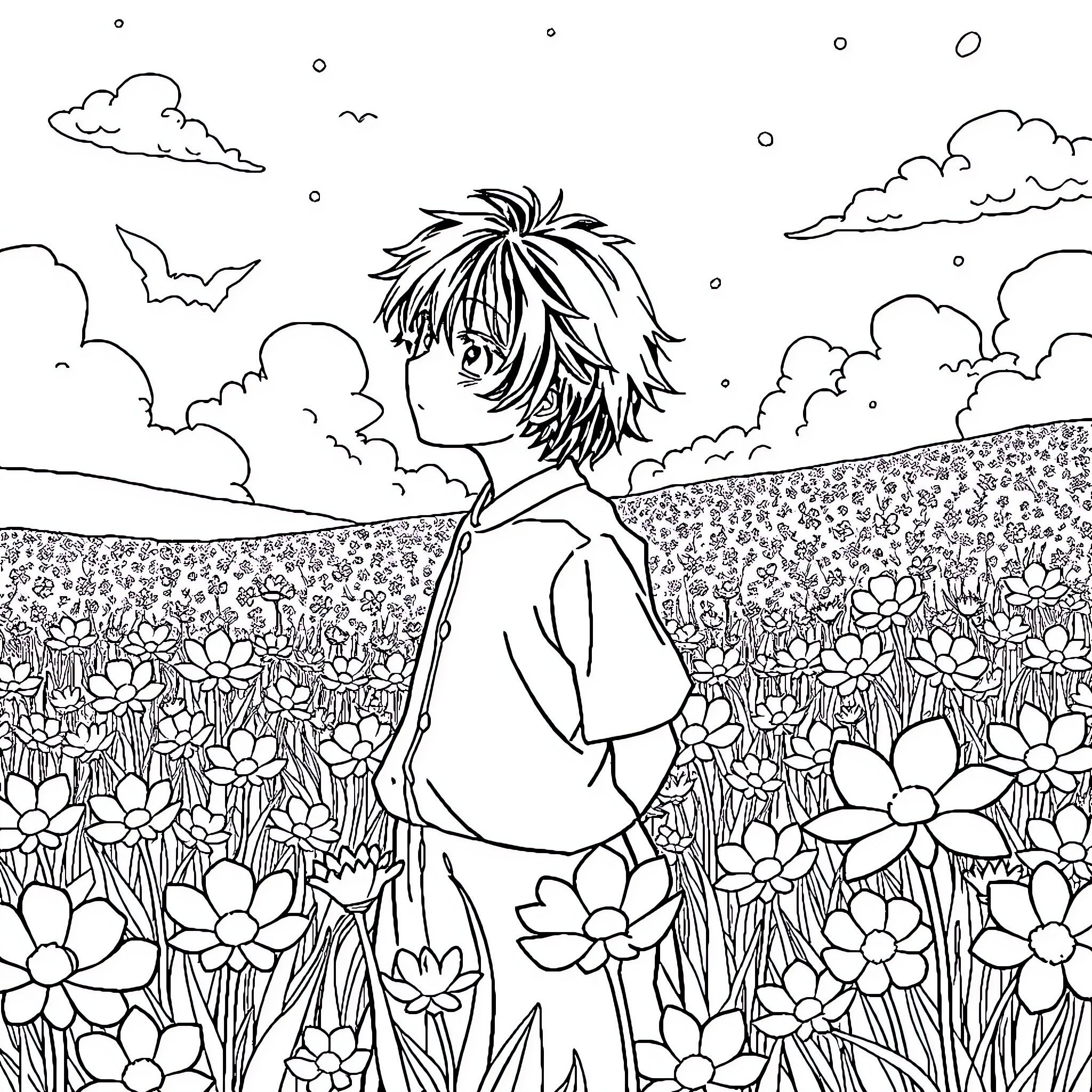 Fukase wandering through a field of flowers Coloring Page (free black-and-white line drawing printable PDF for all, from beginners to advanced learners, including children, teens, adults, and seniors)