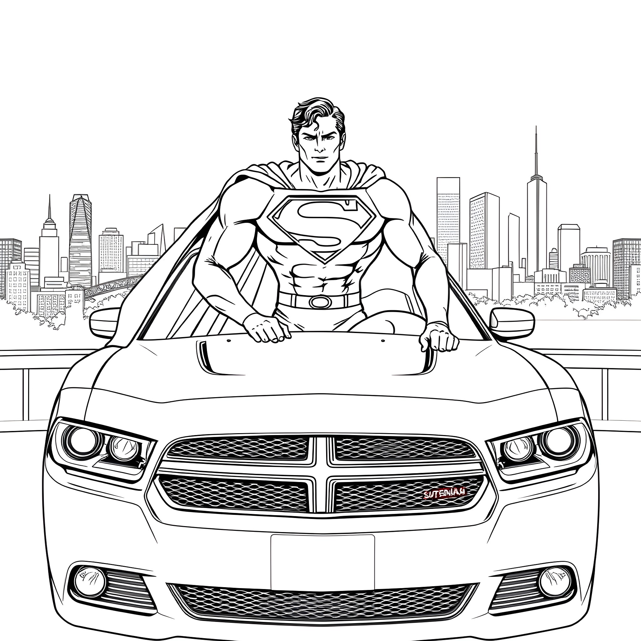 Superman standing heroically on a car against city skyline Coloring Page (free black-and-white line drawing printable PDF for all, from beginners to advanced learners, including children, teens, adults, and seniors)