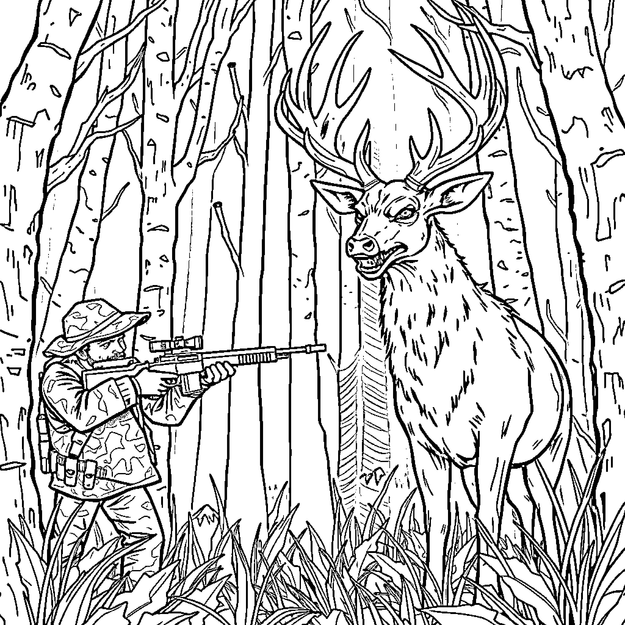 Deer and armed hunter in the woods Coloring Page (free black-and-white line drawing printable PDF for all, from beginners to advanced learners, including children, teens, adults, and seniors)