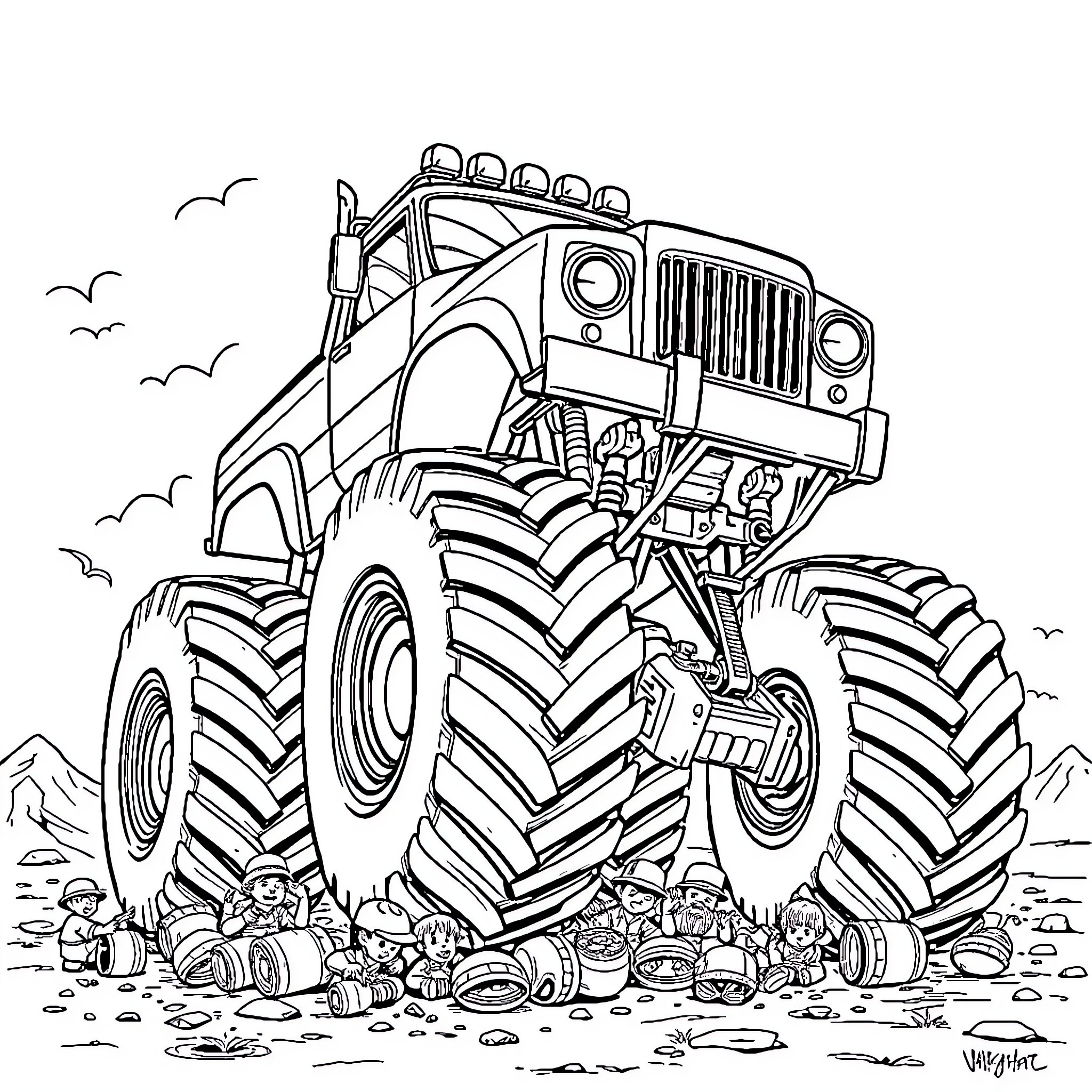 Monster Truck Crushing Tiny Vehicles in the Mountains Coloring Page (free black-and-white line drawing printable PDF for all, from beginners to advanced learners, including children, teens, adults, and seniors)