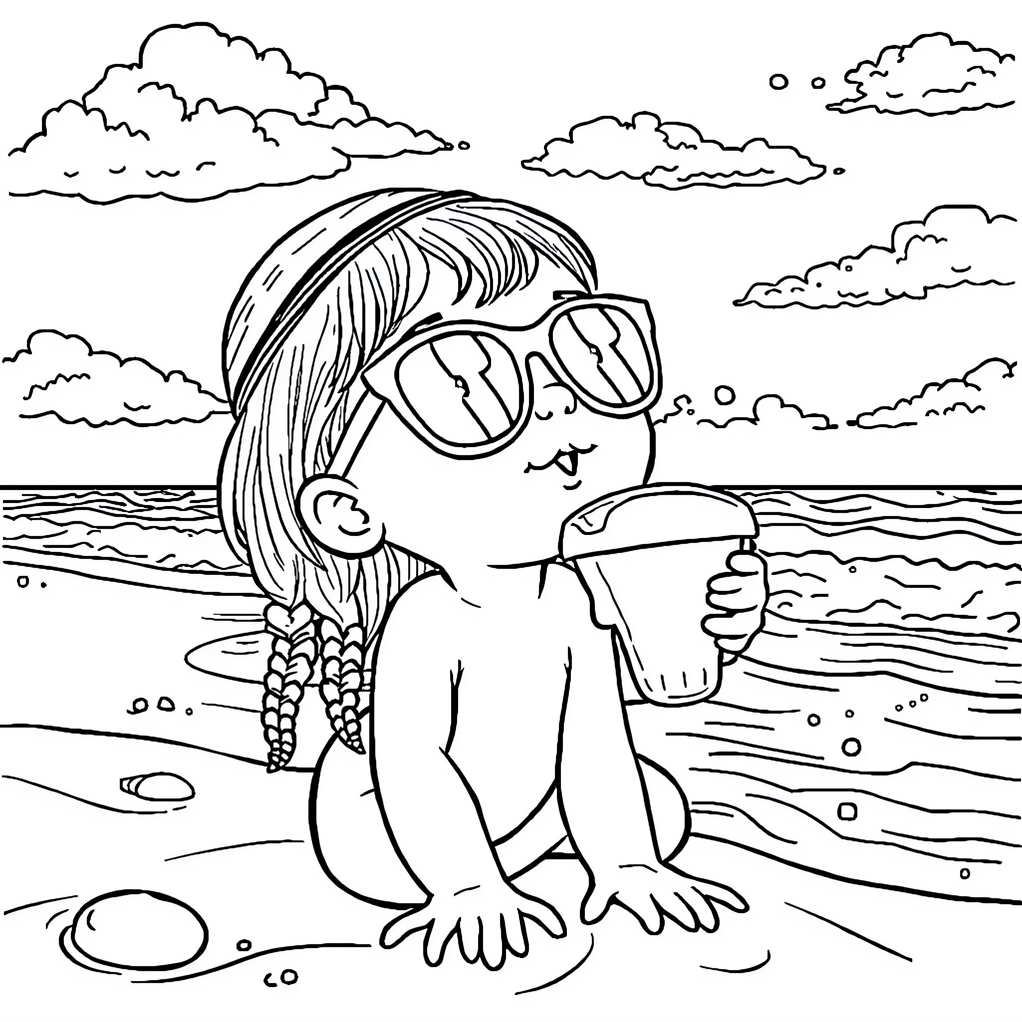 Bebe enjoying a sunny day at the beach Coloring Page (free black-and-white line drawing printable PDF for all, from beginners to advanced learners, including children, teens, adults, and seniors)