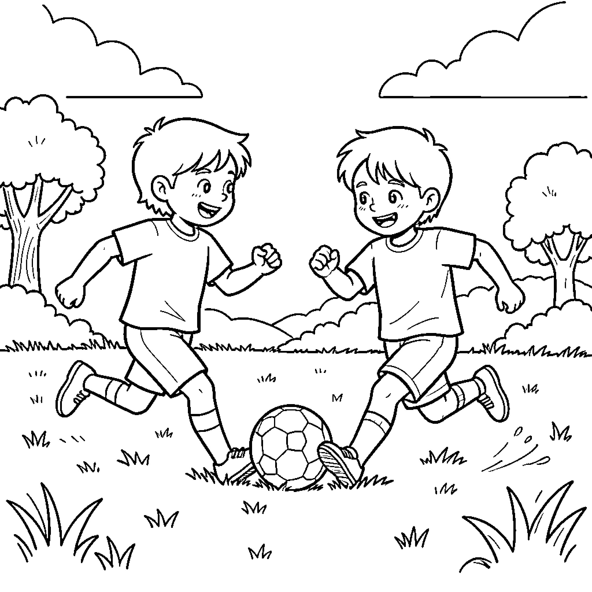 Child playing soccer with a friend in a field Coloring Page (free black-and-white line drawing printable PDF for all, from beginners to advanced learners, including children, teens, adults, and seniors)