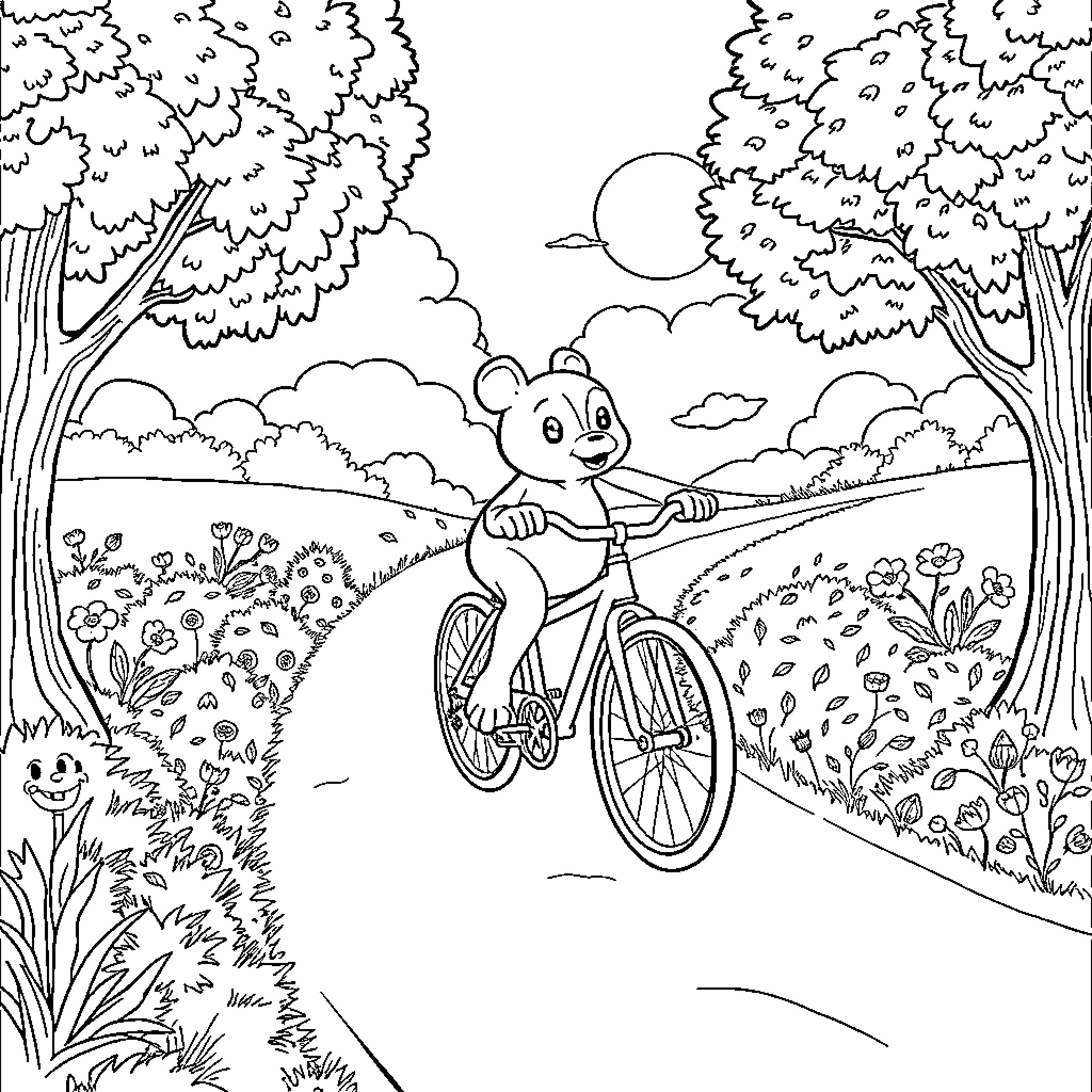 Froozen Creature Cycling Joyfully Through Enchanted Forest Coloring Page (free black-and-white line drawing printable PDF for all, from beginners to advanced learners, including children, teens, adults, and seniors)