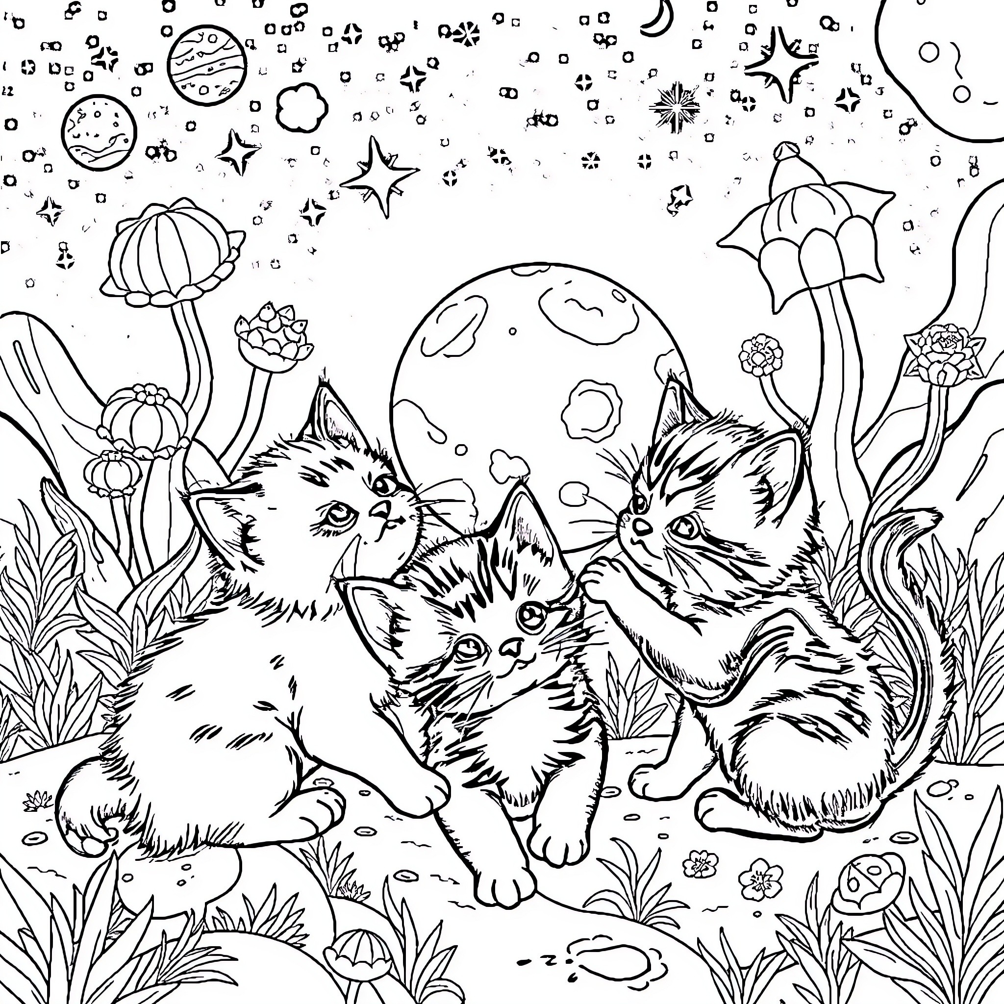 Kittens playing in a magical garden Coloring Page (free black-and-white line drawing printable PDF for all, from beginners to advanced learners, including children, teens, adults, and seniors)