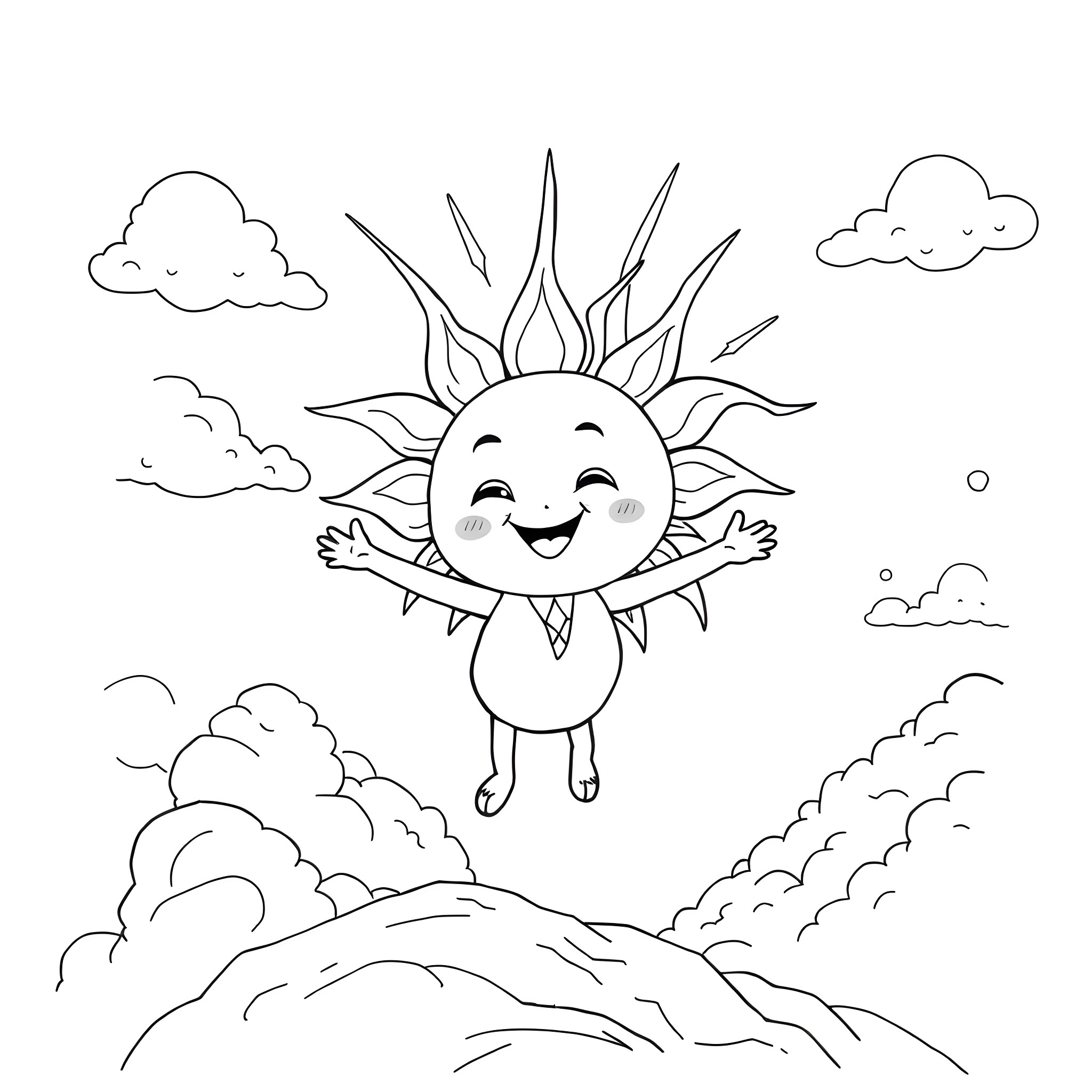 Mr. Sun joyfully embracing the clouds Coloring Page (free black-and-white line drawing printable PDF for all, from beginners to advanced learners, including children, teens, adults, and seniors)