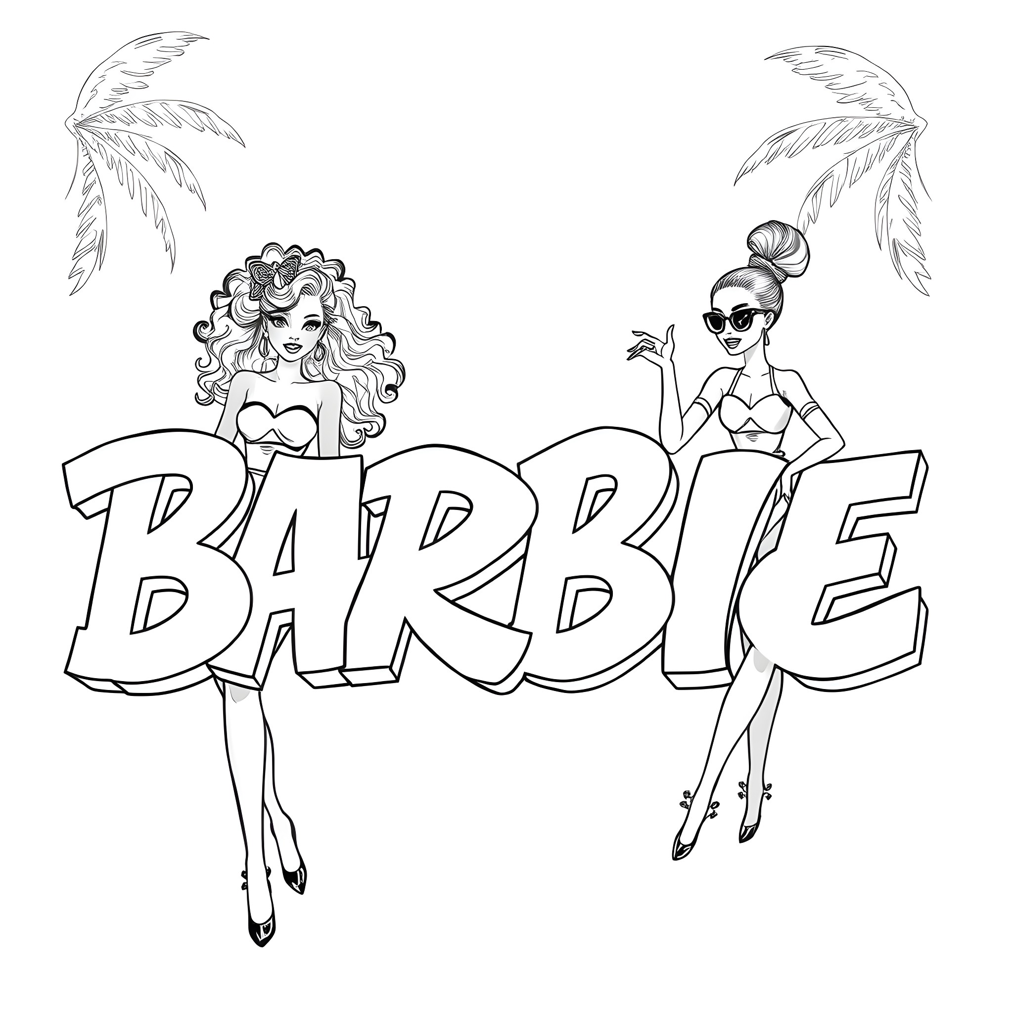 Barbie dolls posing with tropical elements Coloring Page (free black-and-white line drawing printable PDF for all, from beginners to advanced learners, including children, teens, adults, and seniors)