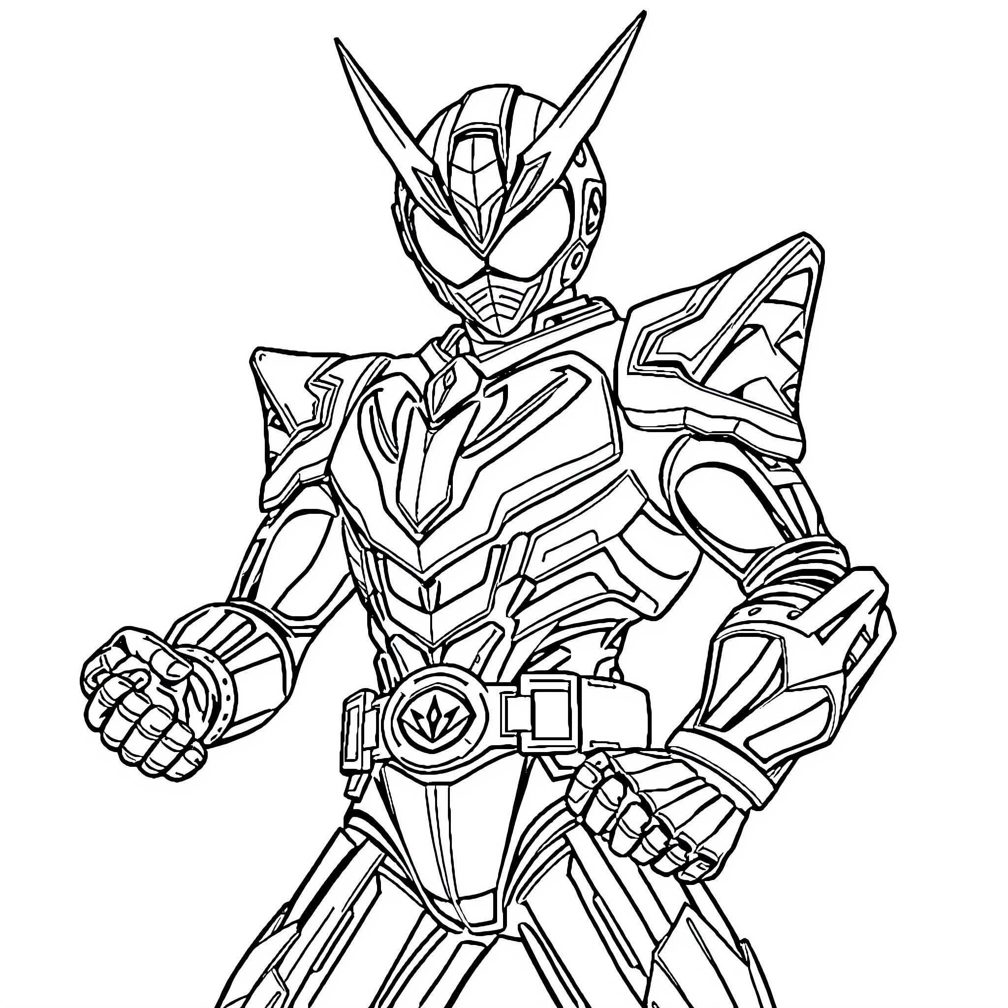 Kamen Rider ZO in heroic battle pose Coloring Page (free black-and-white line drawing printable PDF for all, from beginners to advanced learners, including children, teens, adults, and seniors)