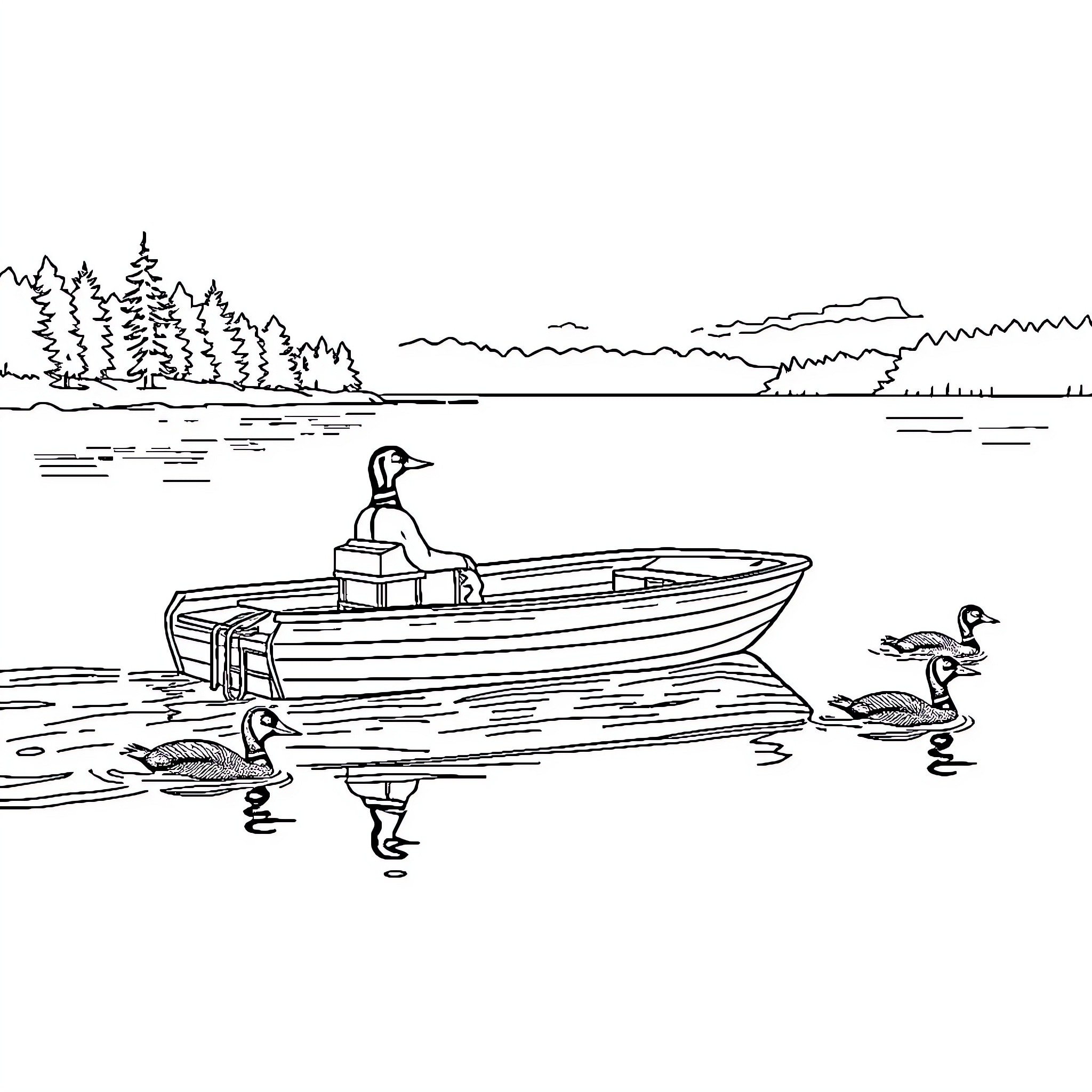 Pontoon boat on serene lake with wildlife Coloring Page (free black-and-white line drawing printable PDF for all, from beginners to advanced learners, including children, teens, adults, and seniors)