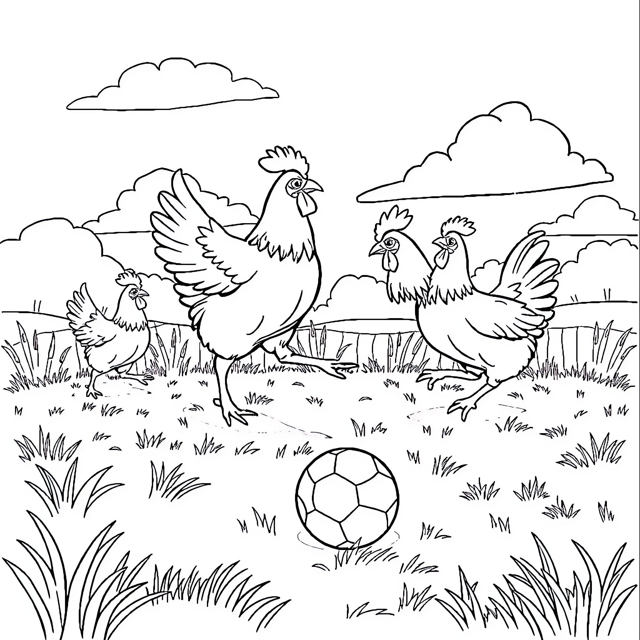 Chickens playing in the countryside Coloring Page (free black-and-white line drawing printable PDF for all, from beginners to advanced learners, including children, teens, adults, and seniors)