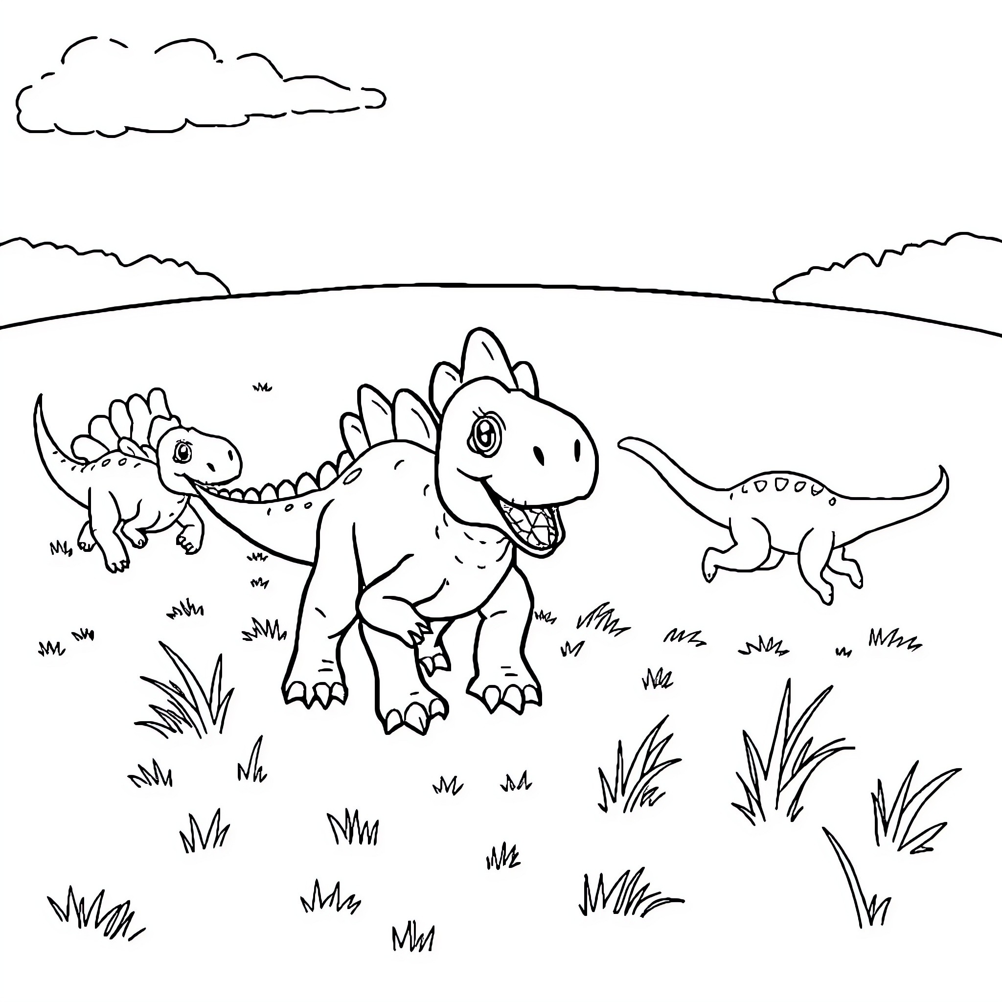 Dinosaurs exploring a grassy landscape Coloring Page (free black-and-white line drawing printable PDF for all, from beginners to advanced learners, including children, teens, adults, and seniors)