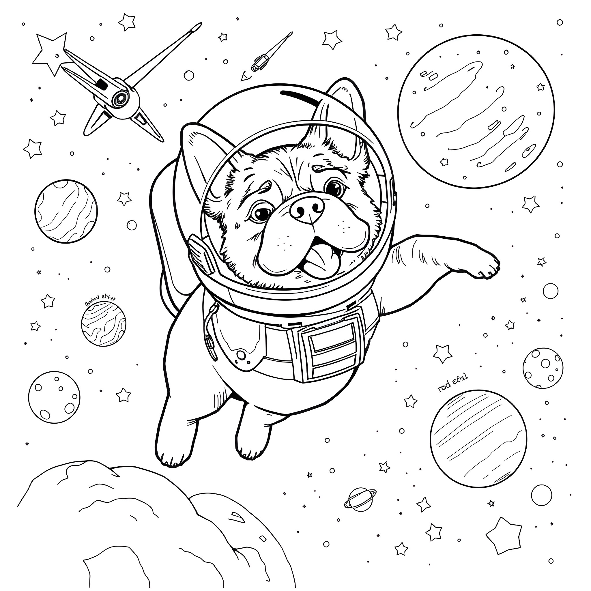 Bulldog astronaut exploring the cosmic wonders Coloring Page (free black-and-white line drawing printable PDF for all, from beginners to advanced learners, including children, teens, adults, and seniors)
