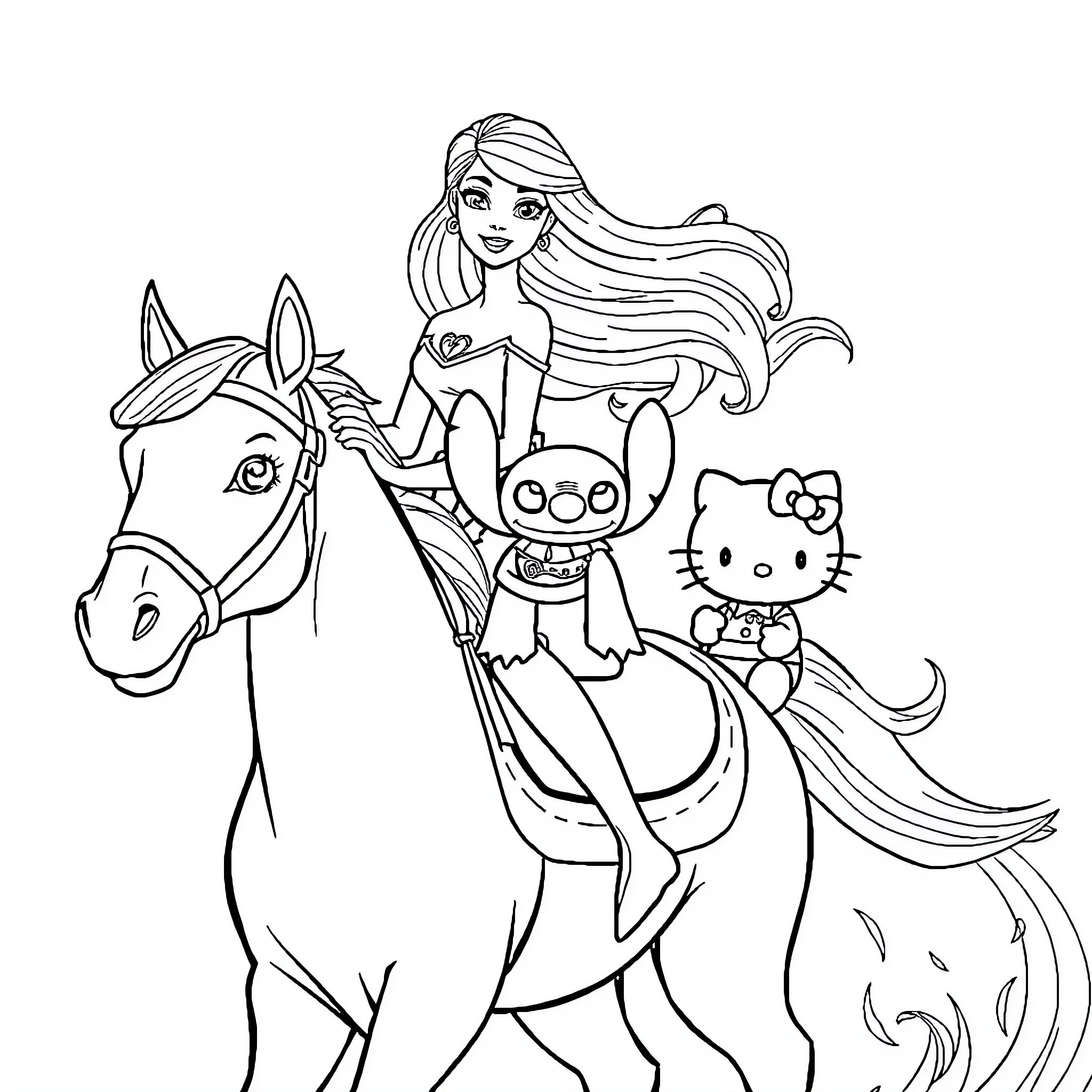 Barbie riding a horse with beloved characters Coloring Page (free black-and-white line drawing printable PDF for all, from beginners to advanced learners, including children, teens, adults, and seniors)