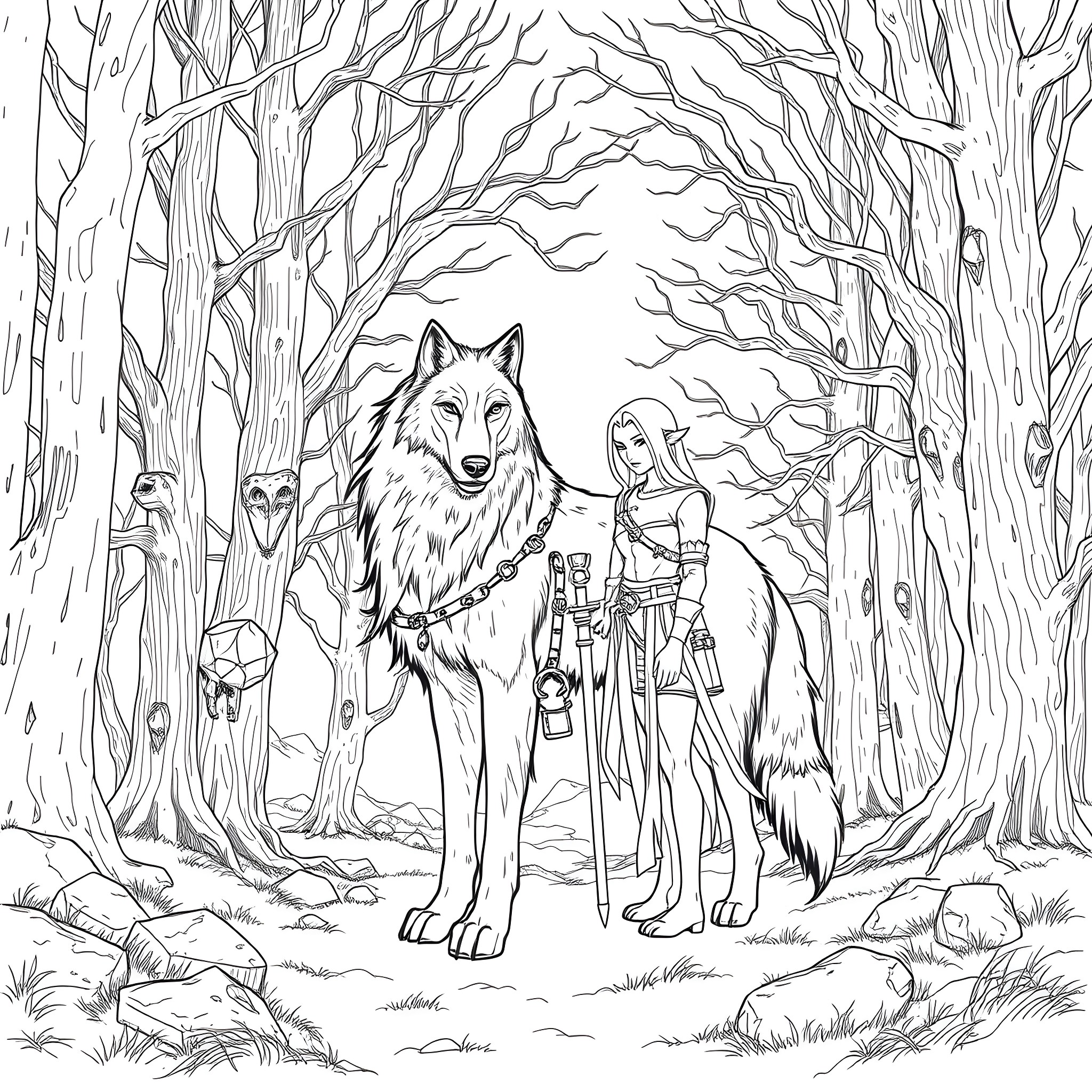 Wolf and a lone traveler in the enchanted forest Coloring Page (free black-and-white line drawing printable PDF for all, from beginners to advanced learners, including children, teens, adults, and seniors)