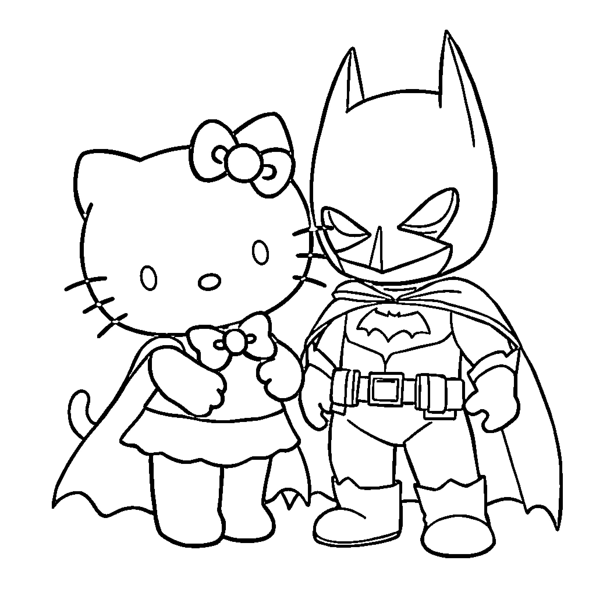Hello Kitty and Batman playing dress-up Coloring Page (free black-and-white line drawing printable PDF for all, from beginners to advanced learners, including children, teens, adults, and seniors)