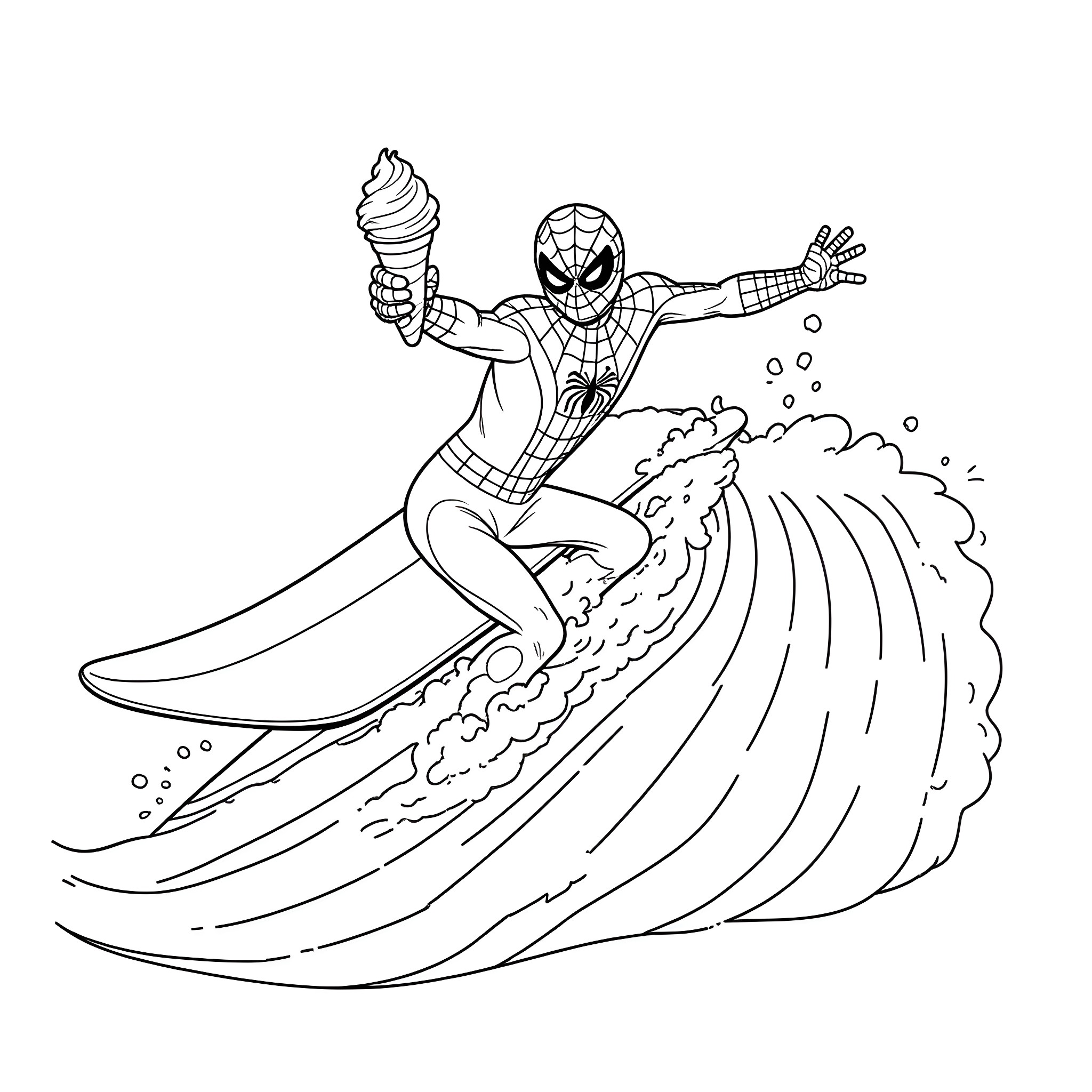 Spiderman Surfing the Waves Coloring Page (free black-and-white line drawing printable PDF for all, from beginners to advanced learners, including children, teens, adults, and seniors)
