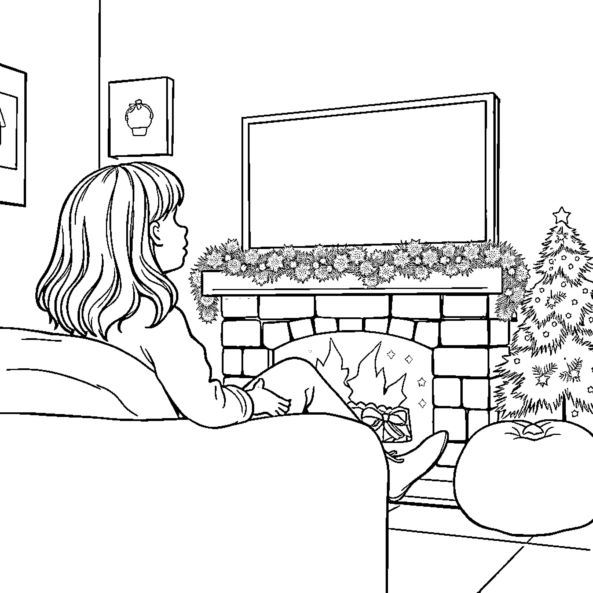 Girl relaxing by the fireplace Coloring Page (free black-and-white line drawing printable PDF for all, from beginners to advanced learners, including children, teens, adults, and seniors)