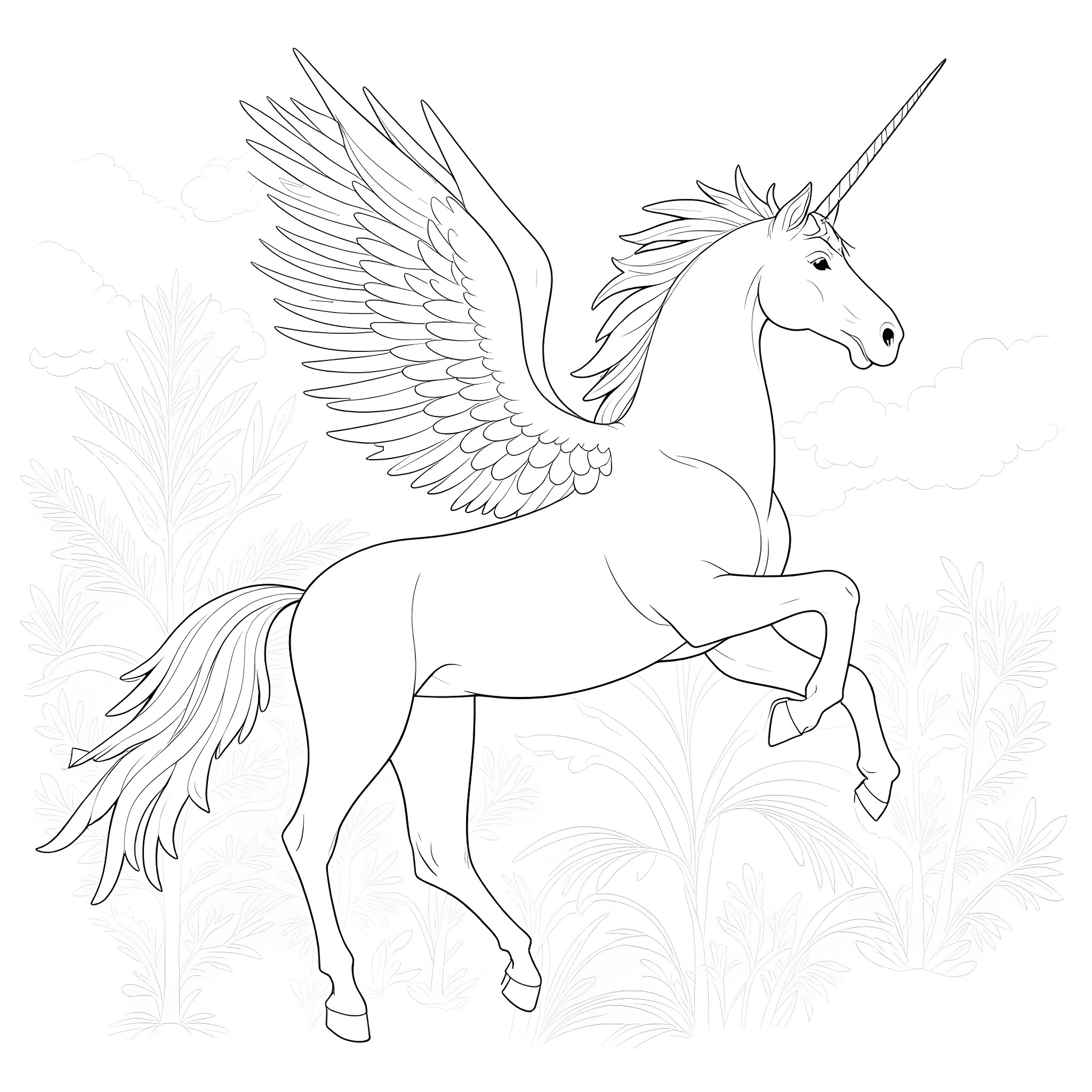 Pegasus unicorn soaring in the sky Coloring Page (free black-and-white line drawing printable PDF for all, from beginners to advanced learners, including children, teens, adults, and seniors)