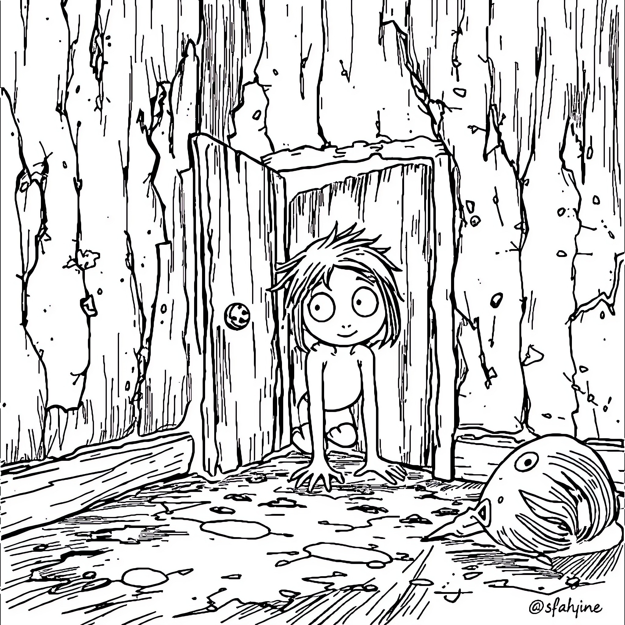 Coraline exploring a mysterious and enchanted forest Coloring Page (free black-and-white line drawing printable PDF for all, from beginners to advanced learners, including children, teens, adults, and seniors)