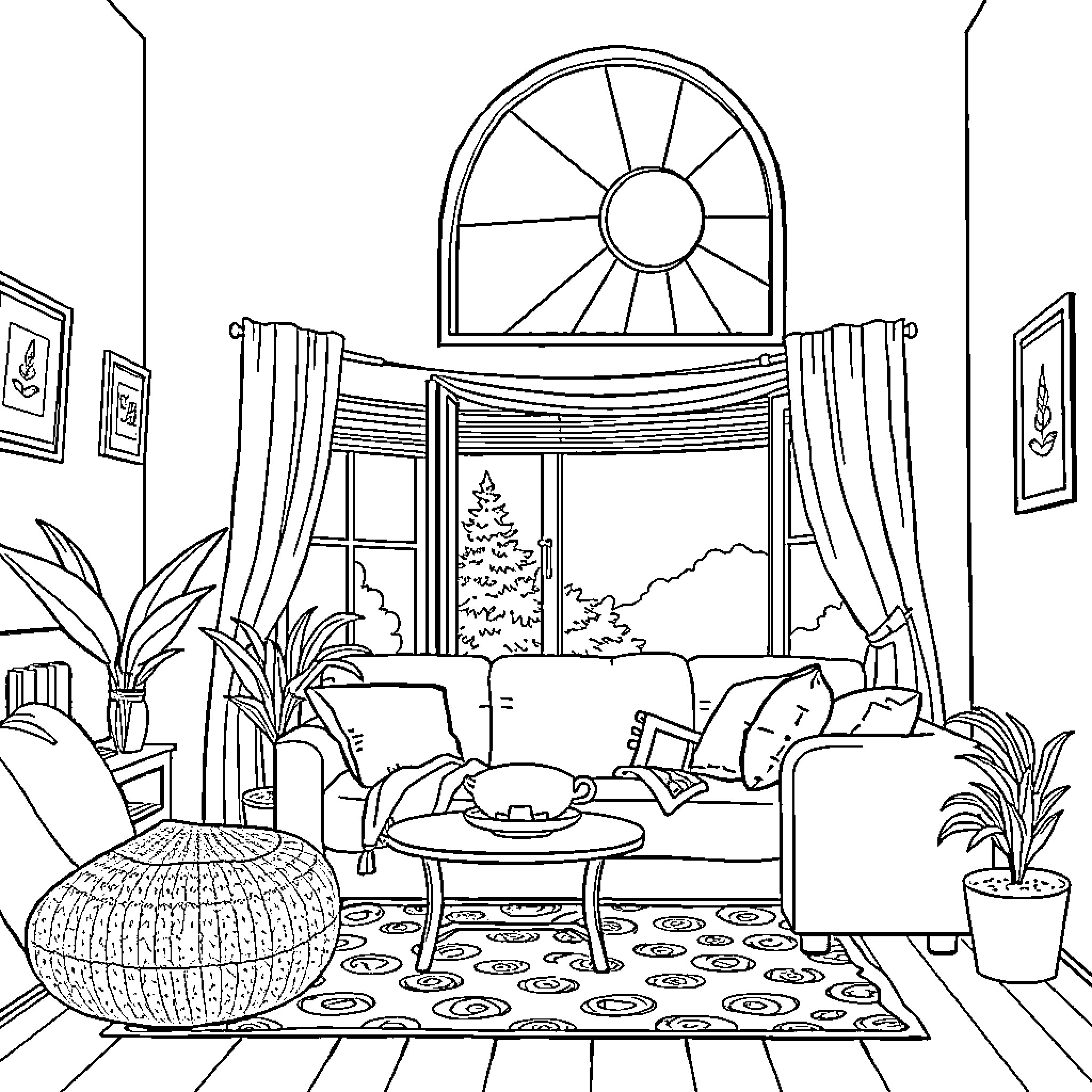 Margarida's Cozy Living Room Escape Coloring Page (free black-and-white line drawing printable PDF for all, from beginners to advanced learners, including children, teens, adults, and seniors)