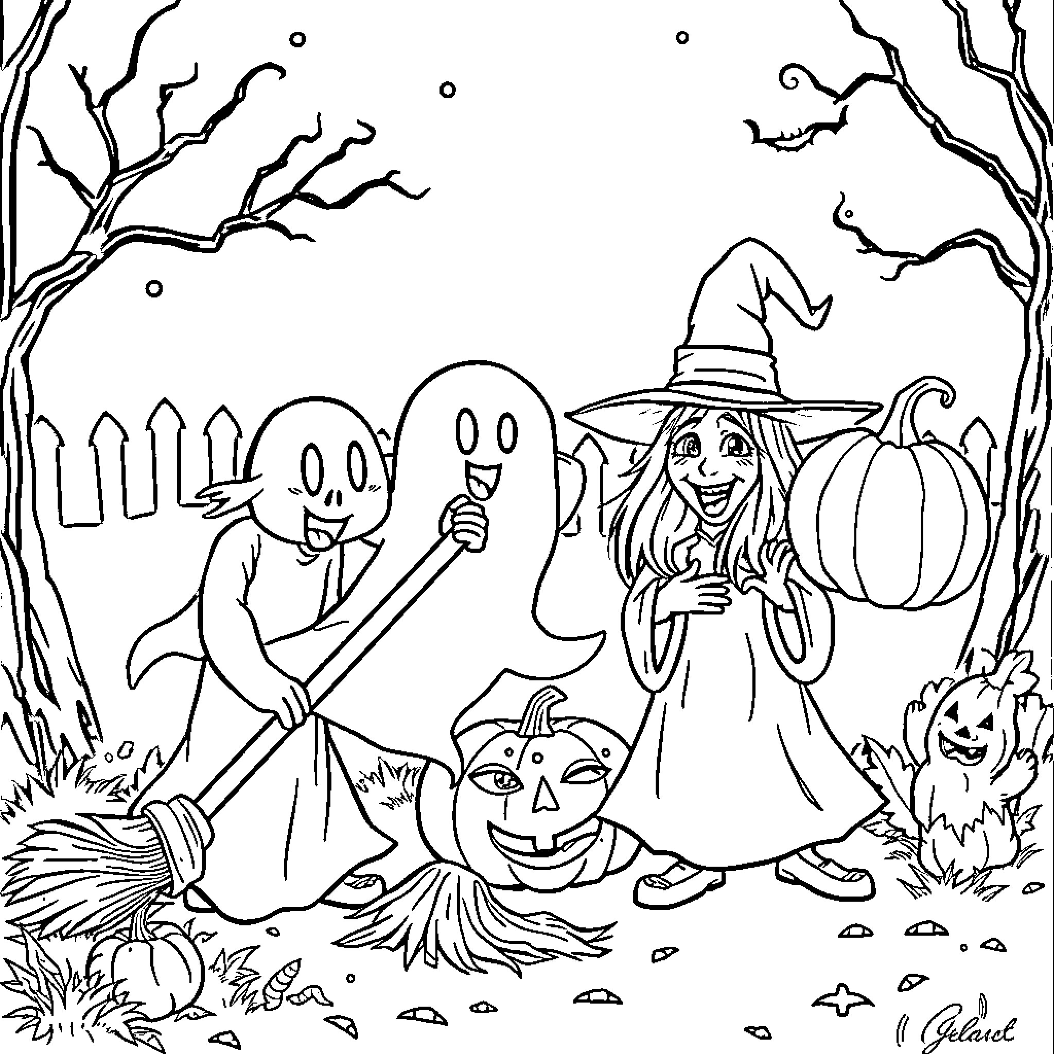 Halloween Character Trick-or-Treating with Friends Coloring Page (free black-and-white line drawing printable PDF for all, from beginners to advanced learners, including children, teens, adults, and seniors)