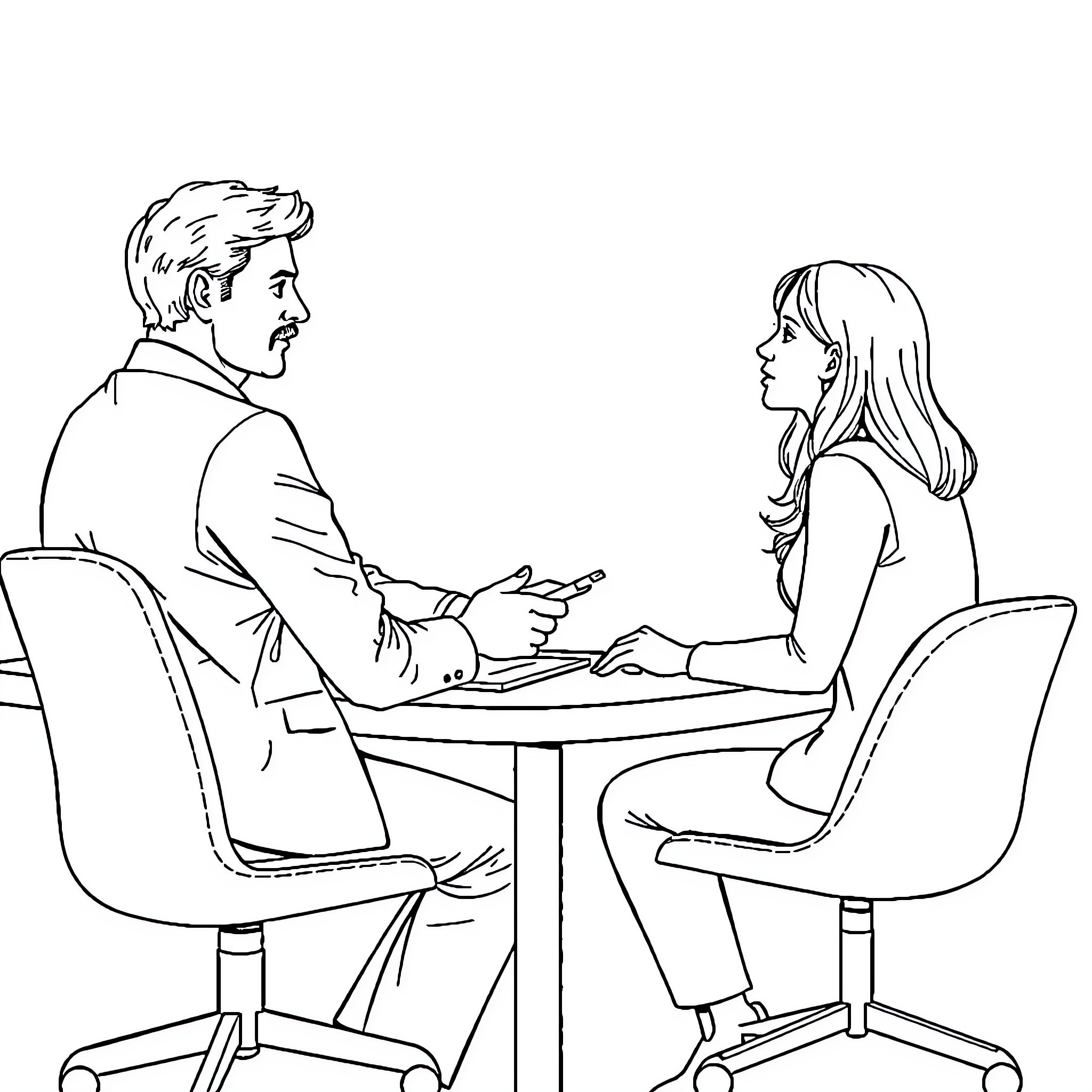 HR Colleagues Discussing Work at Office Desk Coloring Page (free black-and-white line drawing printable PDF for all, from beginners to advanced learners, including children, teens, adults, and seniors)