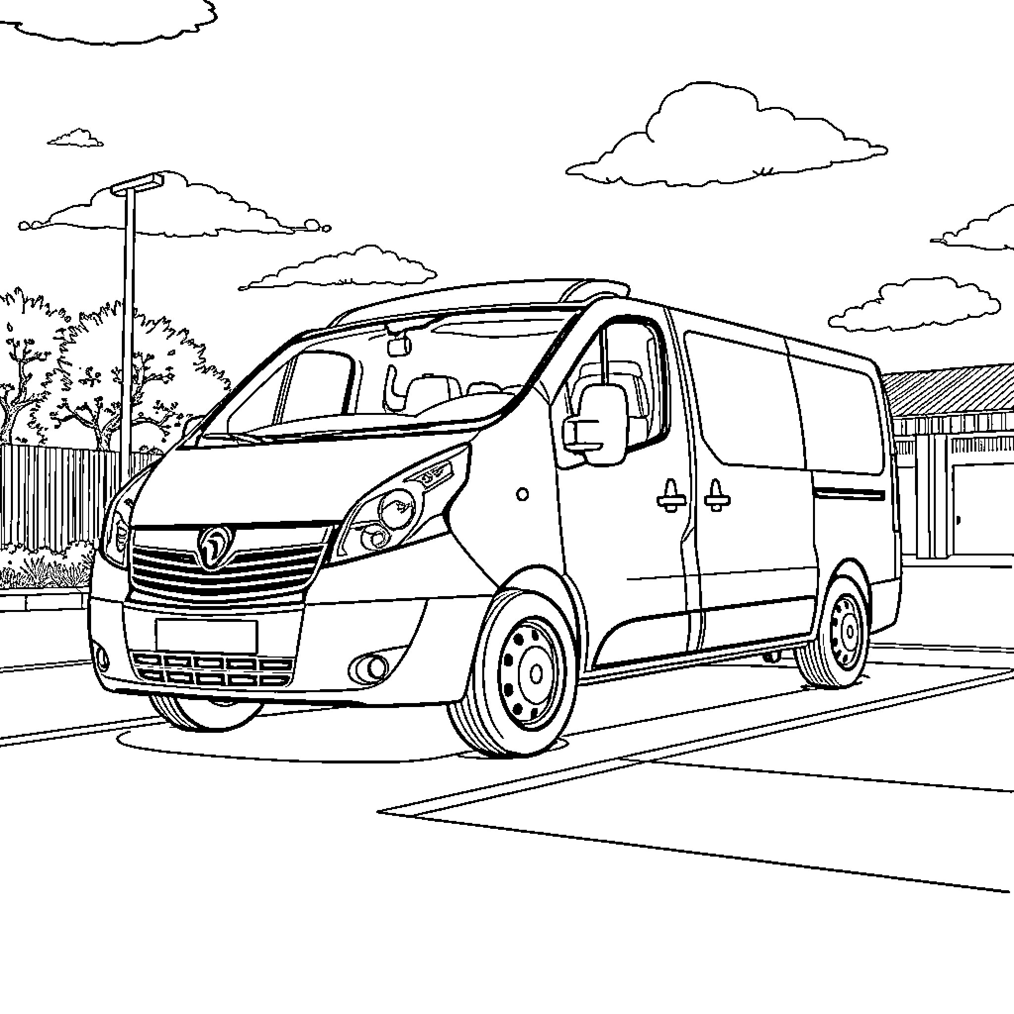 Van driving along the road in the countryside Coloring Page (free black-and-white line drawing printable PDF for all, from beginners to advanced learners, including children, teens, adults, and seniors)