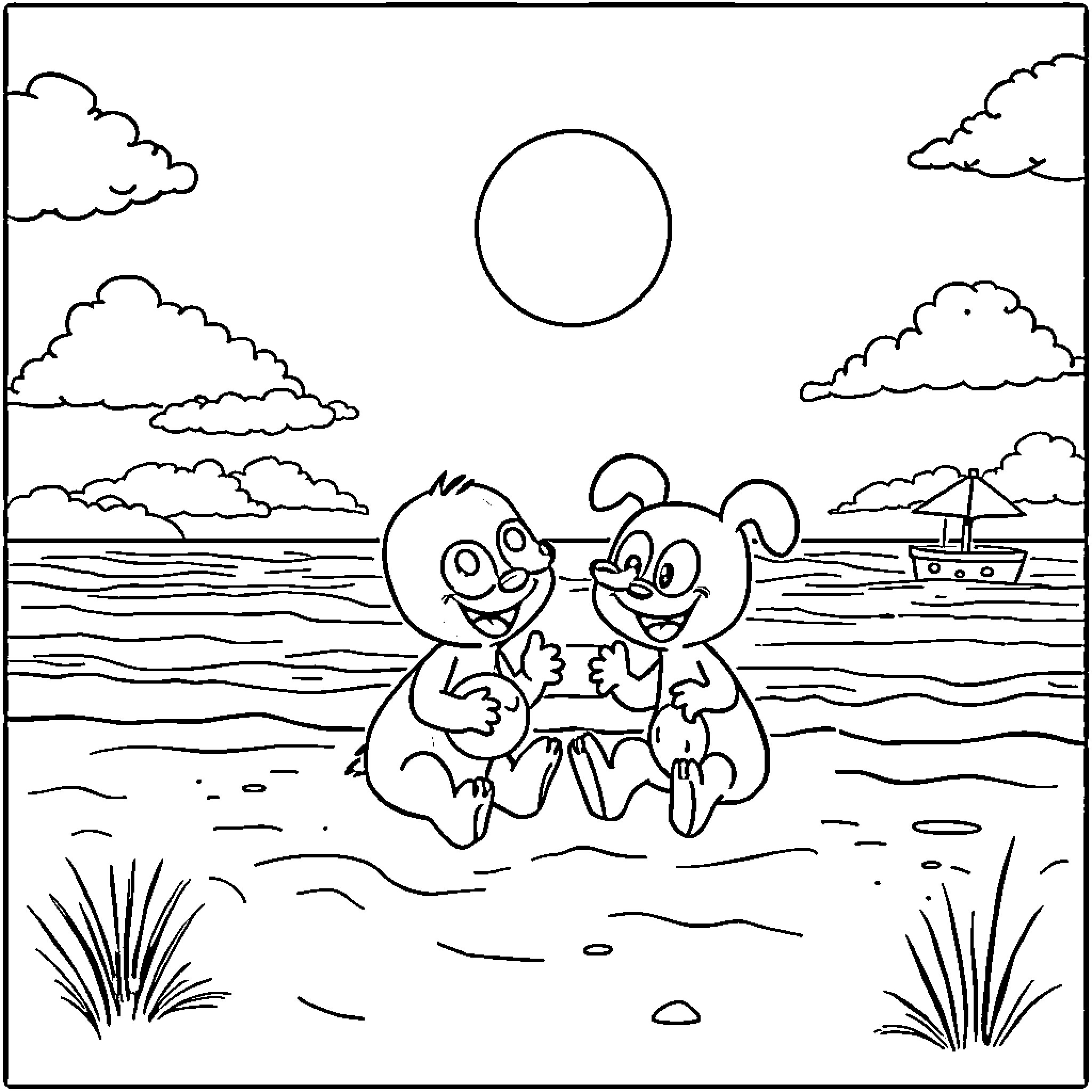 Bluey and friend playing happily in the ocean Coloring Page (free black-and-white line drawing printable PDF for all, from beginners to advanced learners, including children, teens, adults, and seniors)