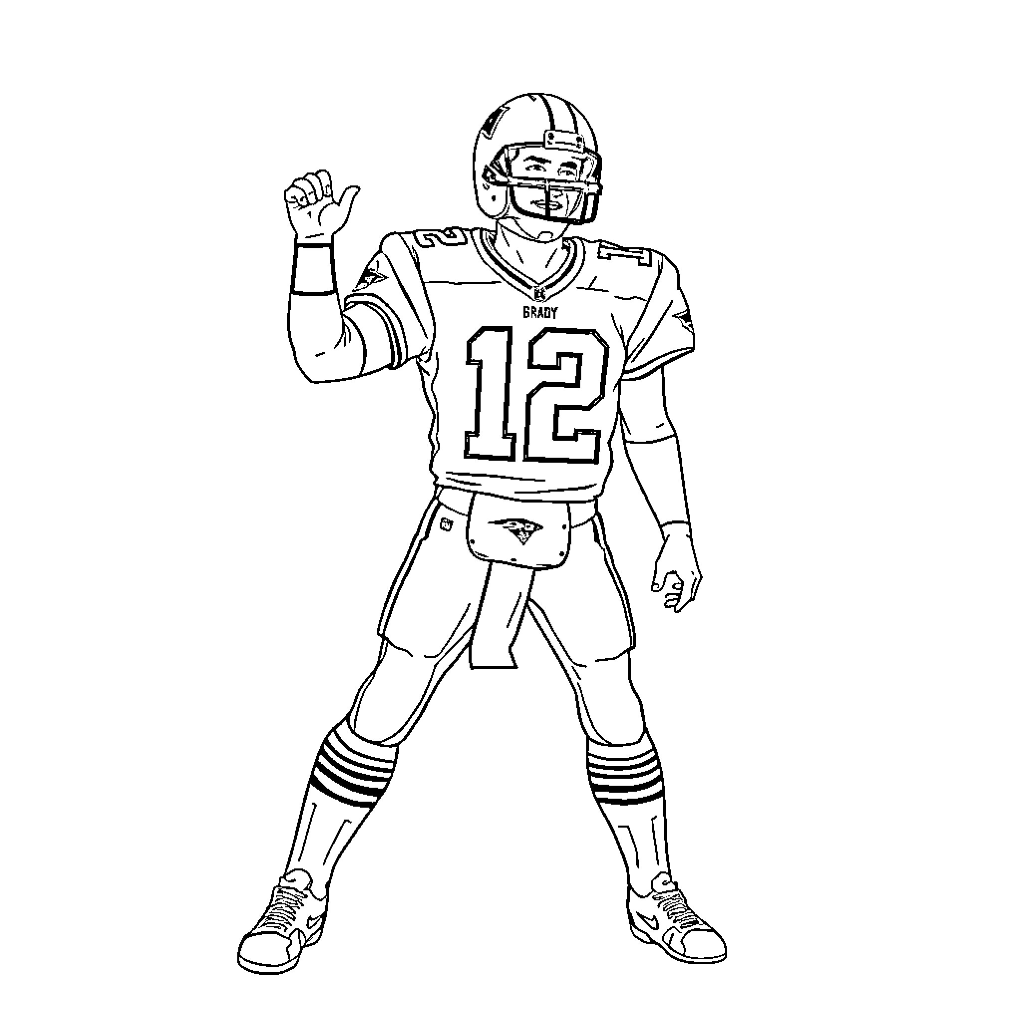 Tom Brady Celebrating a Touchdown in Football Uniform Coloring Page (free black-and-white line drawing printable PDF for all, from beginners to advanced learners, including children, teens, adults, and seniors)