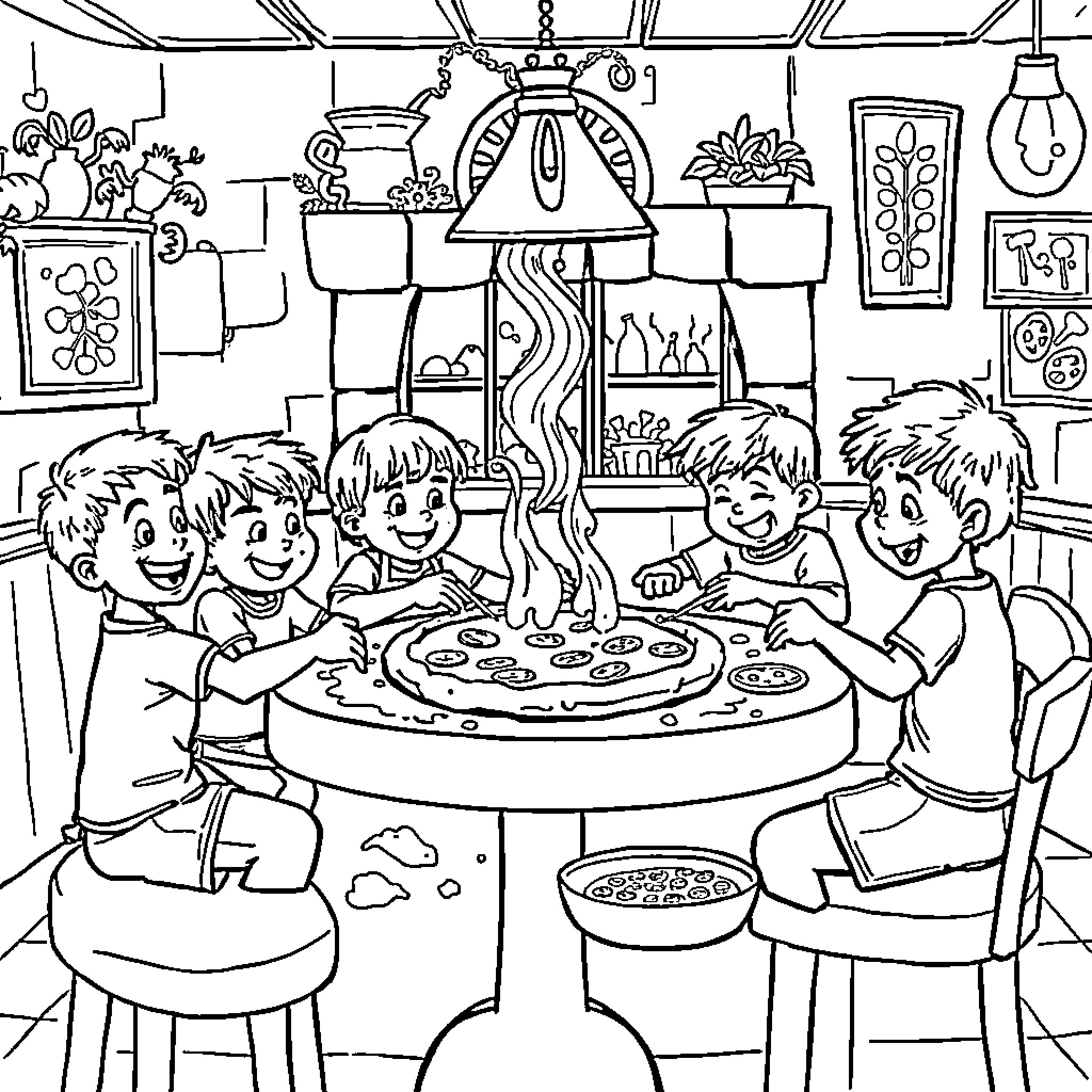 Kids making pizza in the kitchen Coloring Page (free black-and-white line drawing printable PDF for all, from beginners to advanced learners, including children, teens, adults, and seniors)