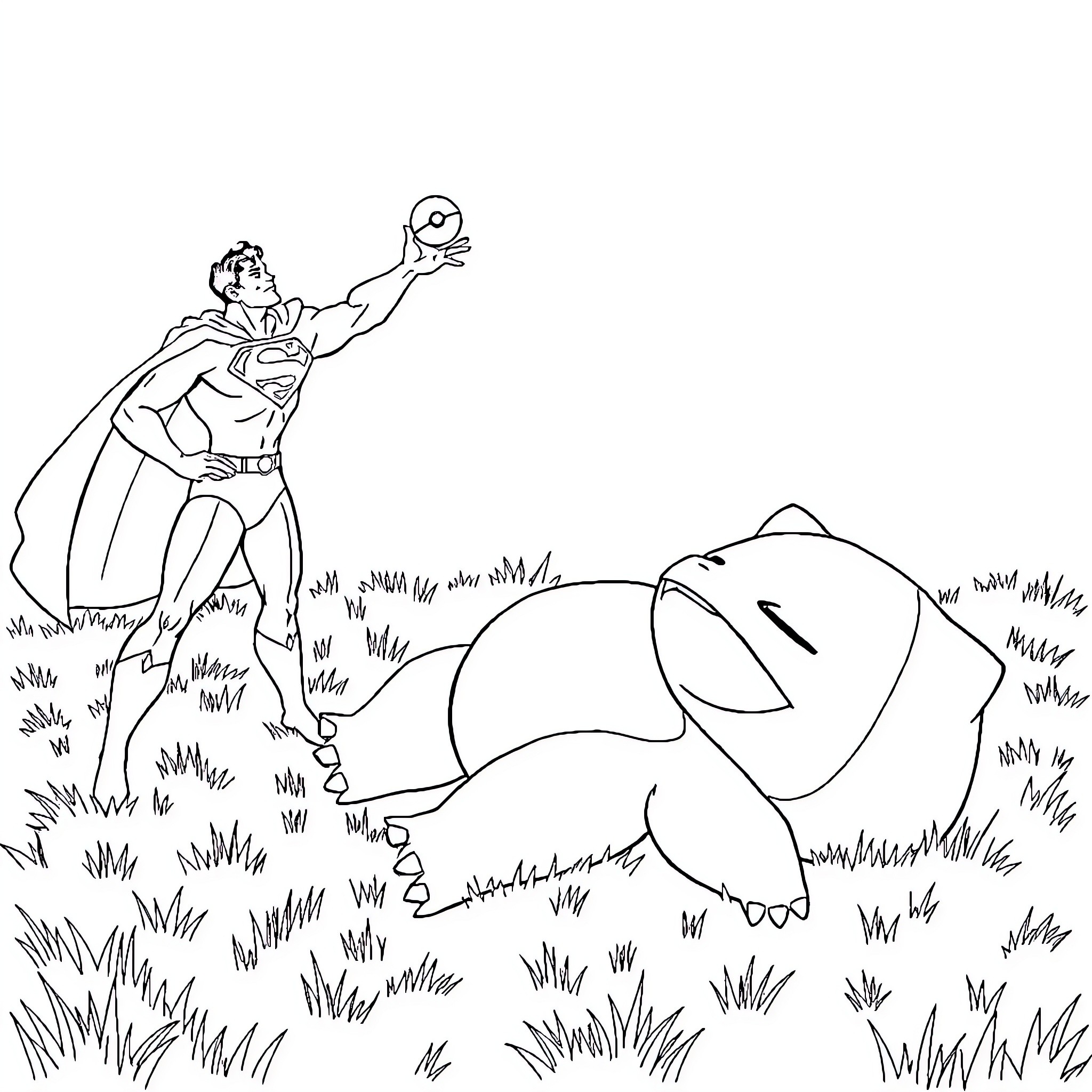 Superman flying and leaping over a grassy field Coloring Page (free black-and-white line drawing printable PDF for all, from beginners to advanced learners, including children, teens, adults, and seniors)