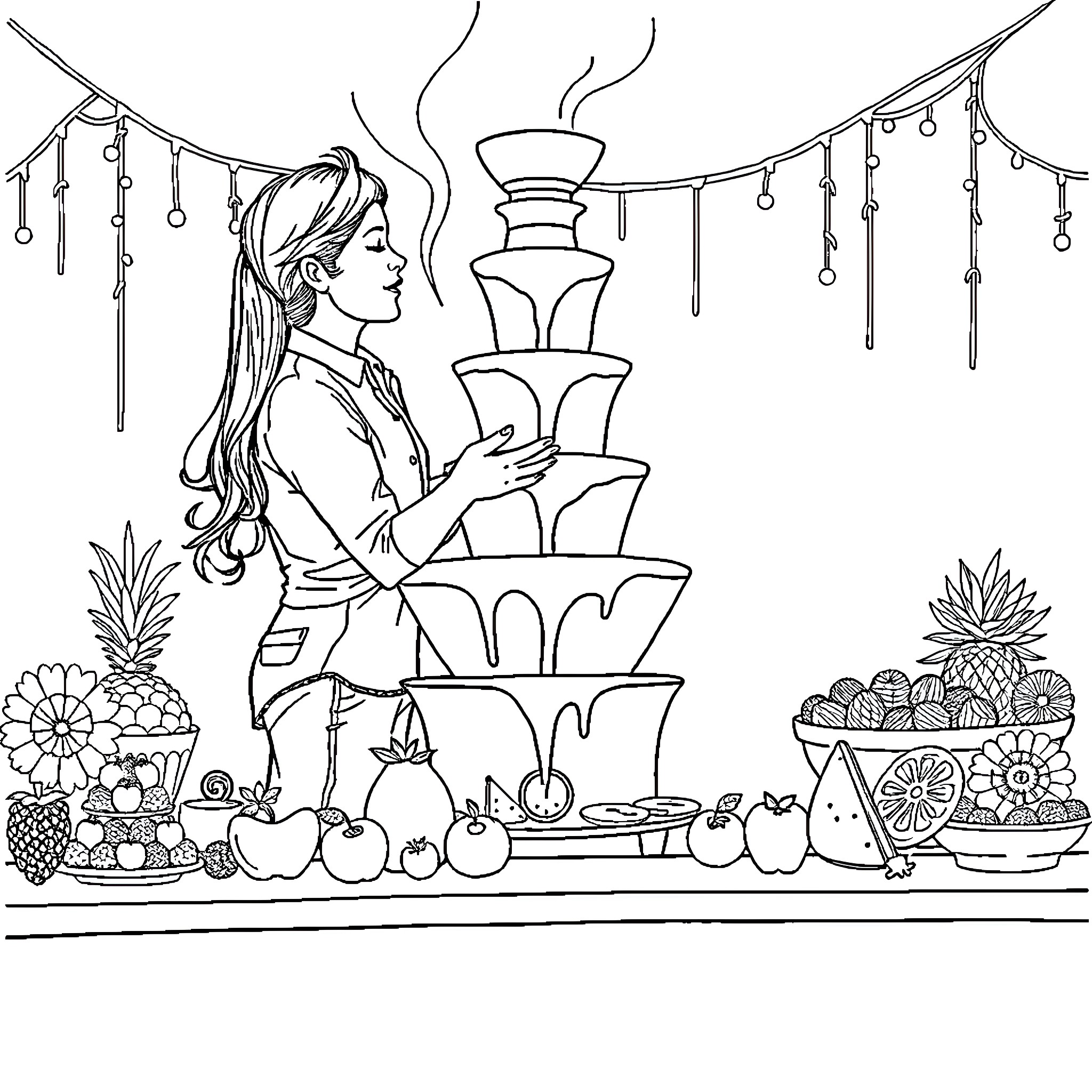 Chocolate Fountain Celebration with Fruity Delights Coloring Page (free black-and-white line drawing printable PDF for all, from beginners to advanced learners, including children, teens, adults, and seniors)