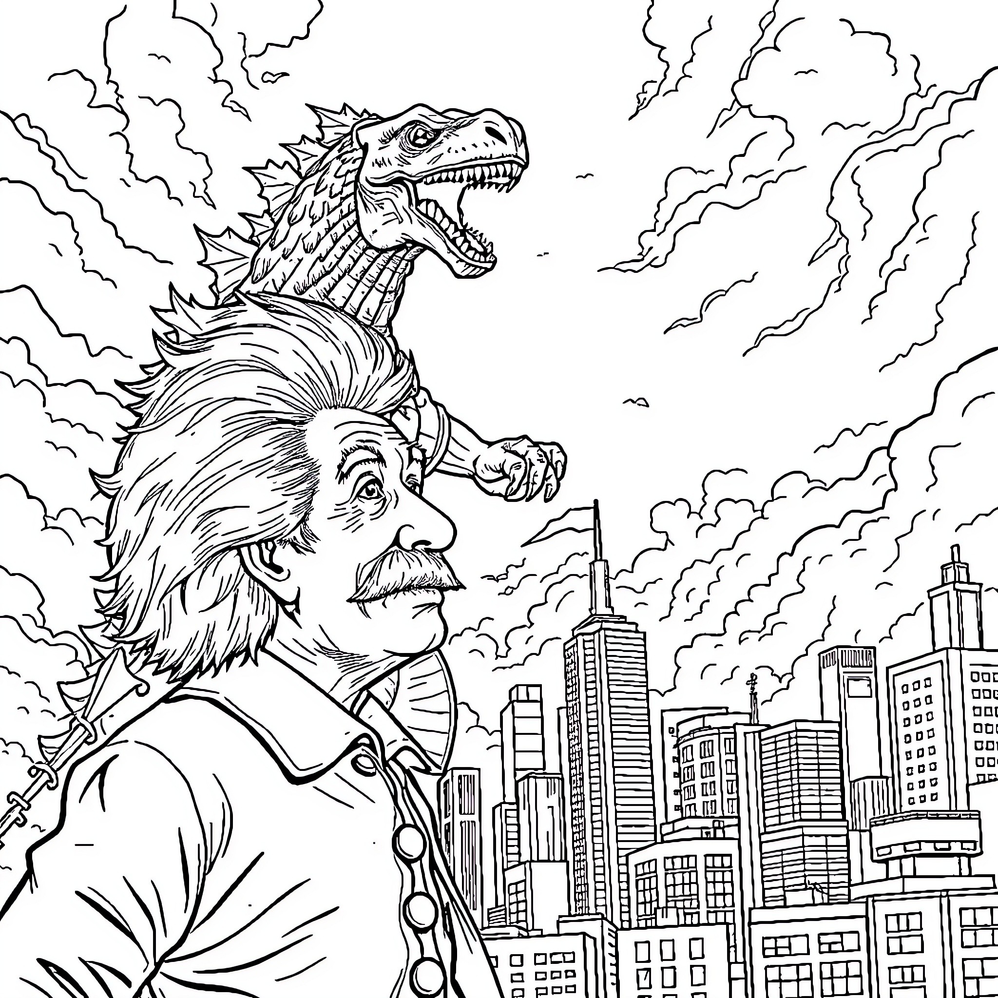 Albert Einstein Facing Unleashed Roaring Dinosaur in Cityscape Coloring Page (free black-and-white line drawing printable PDF for all, from beginners to advanced learners, including children, teens, adults, and seniors)