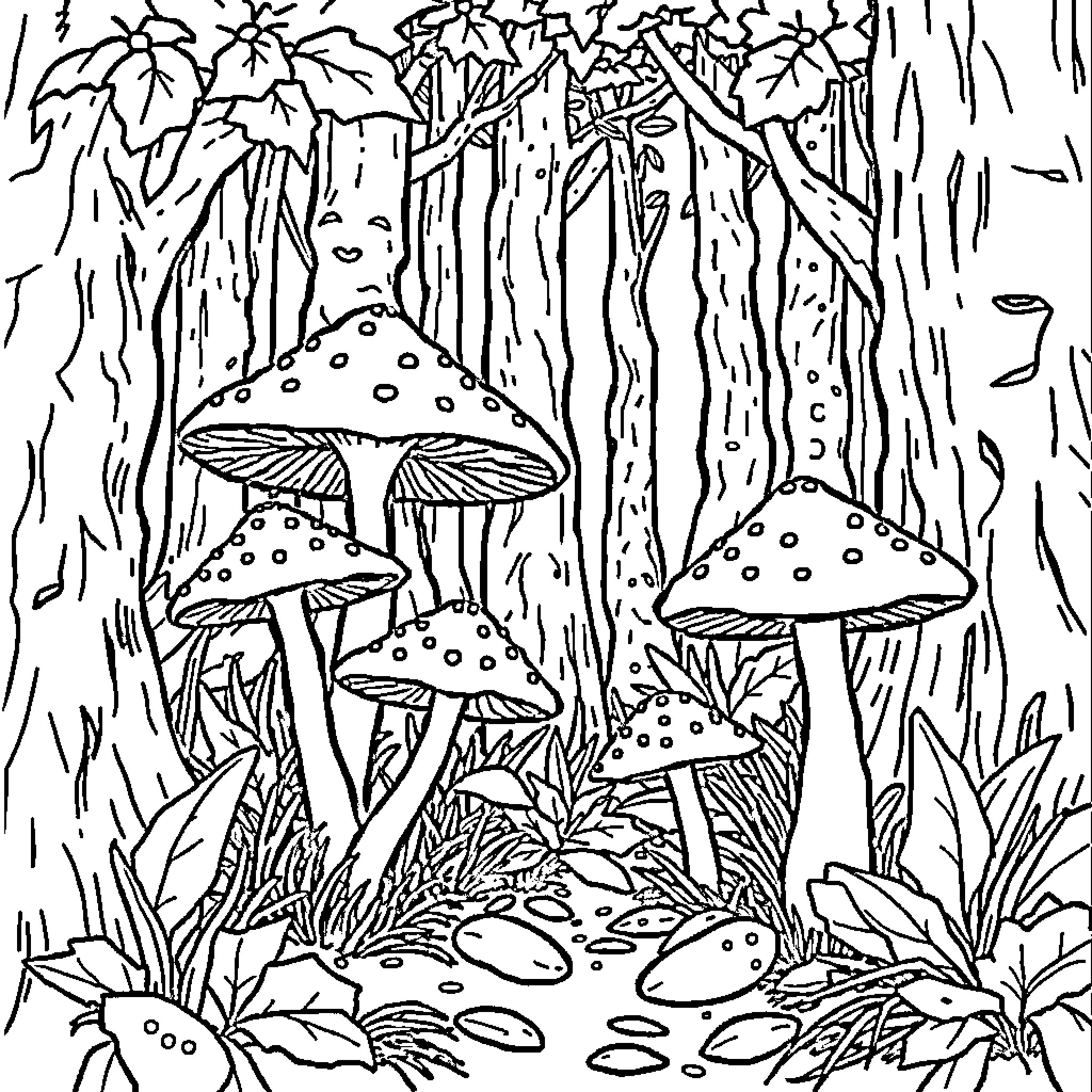 Mushroom forest with forest creatures Coloring Page (free black-and-white line drawing printable PDF for all, from beginners to advanced learners, including children, teens, adults, and seniors)