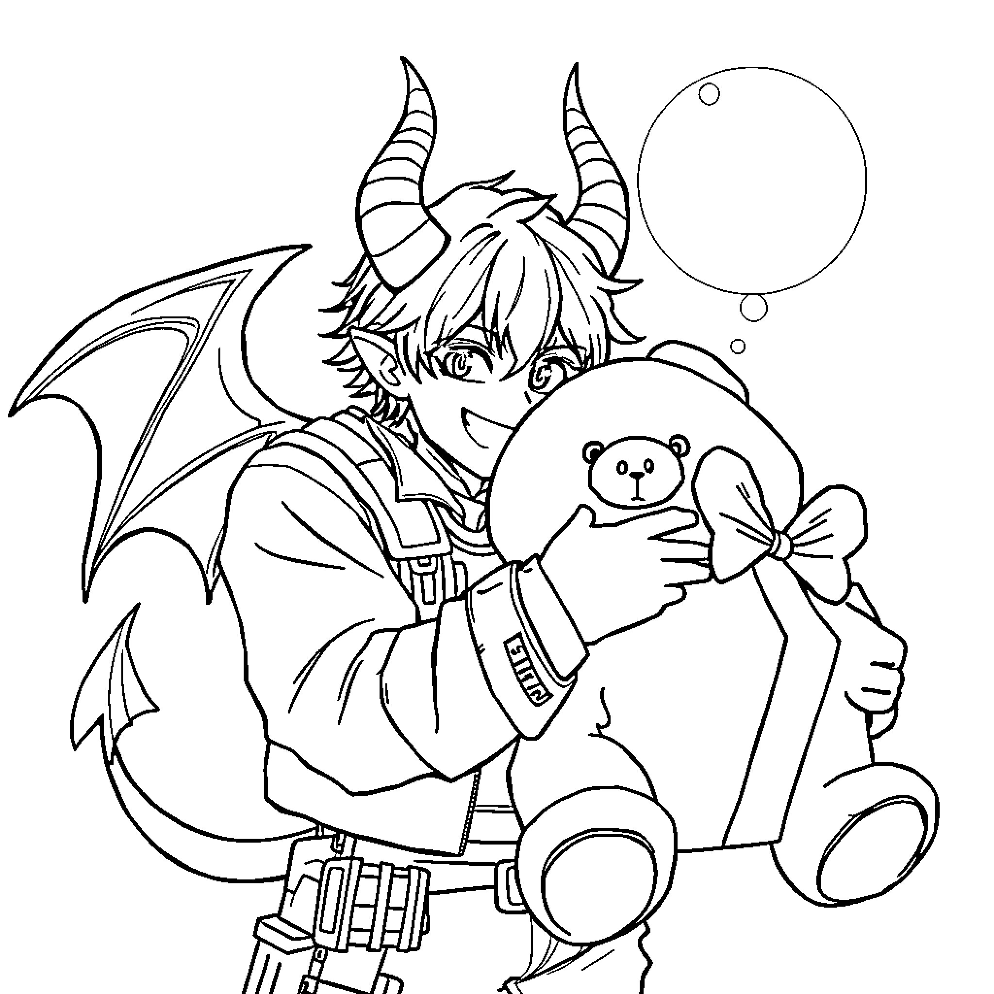 Demon Hunter comforting a small stuffed toy Coloring Page (free black-and-white line drawing printable PDF for all, from beginners to advanced learners, including children, teens, adults, and seniors)